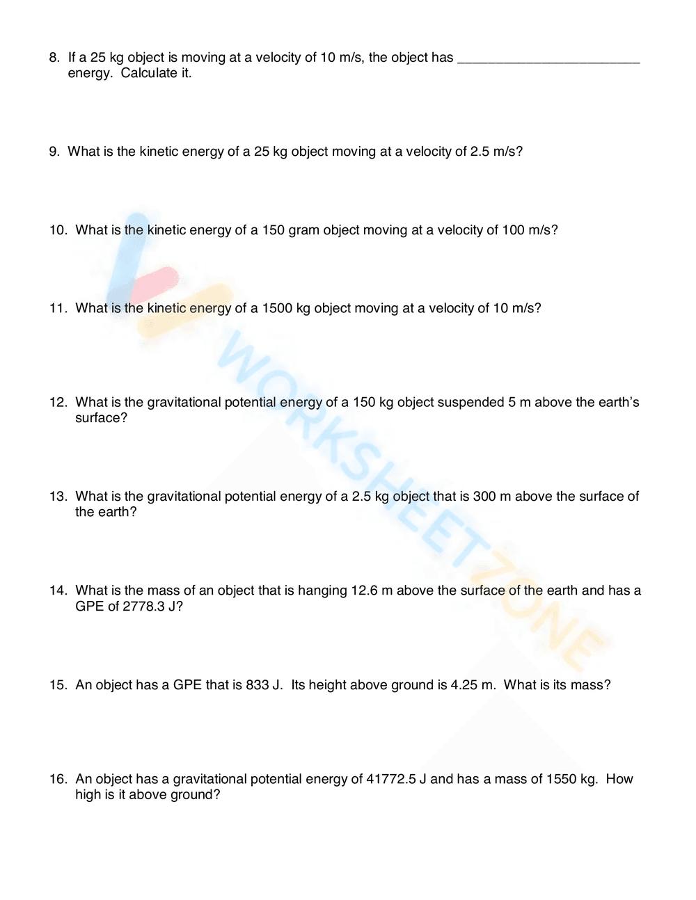 Kinetic and Potential Energy Worksheet - Page 2