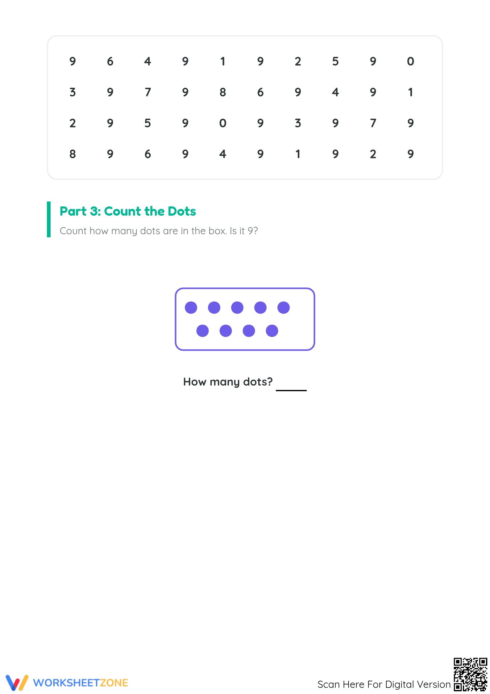 Printable Number 9 Worksheet: Trace, Find & Count — Grade K - Page 2