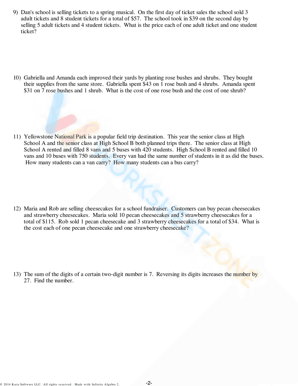 Systems of Equations Word Problems 3 - Page 2