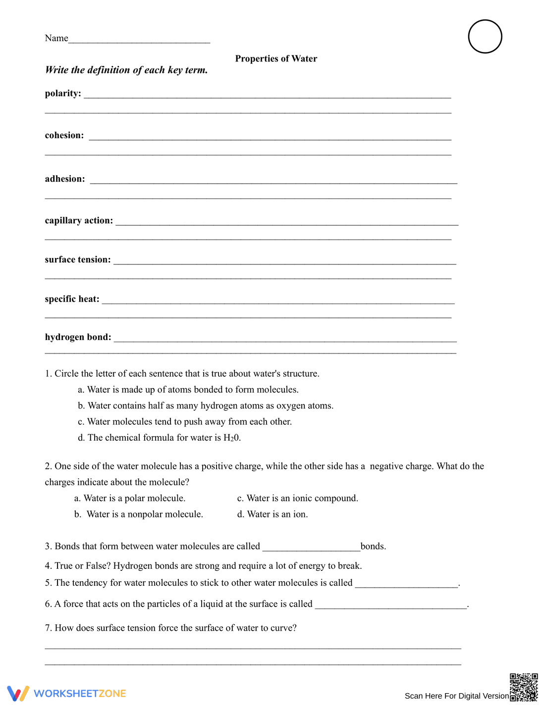 Grade 9 Properties of Water — Printable No-Prep Worksheet - Page 2