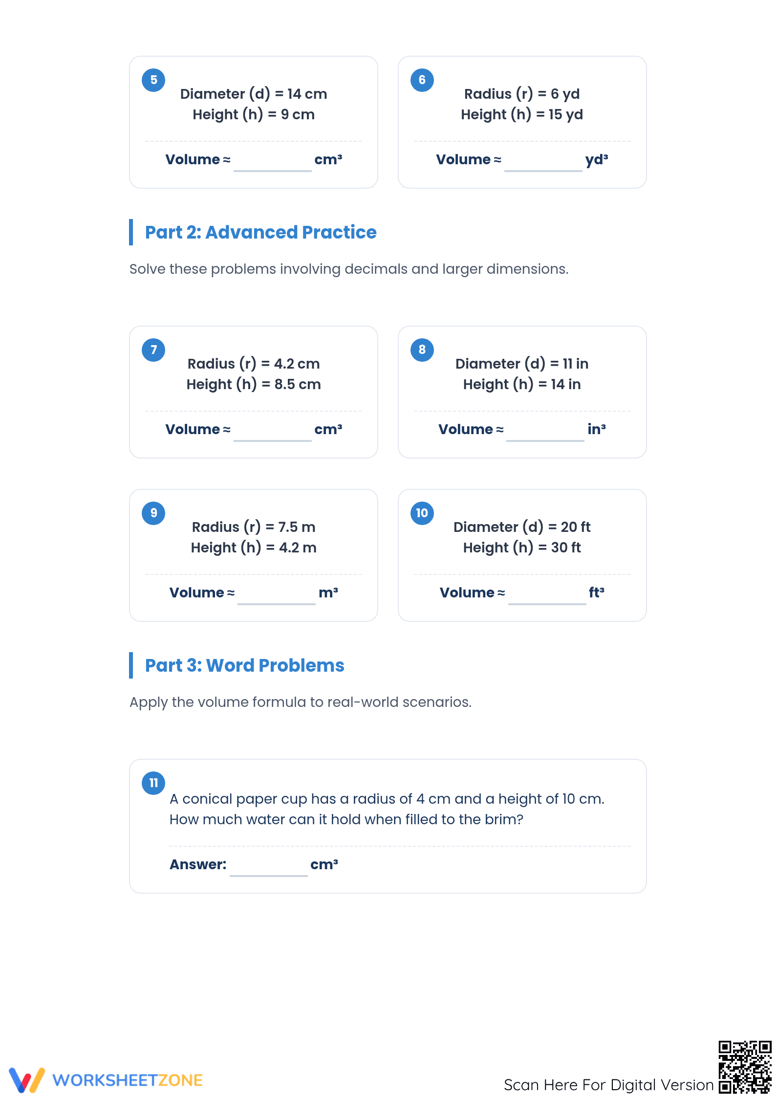 Printable Volume of a Cone Worksheet | Grade 8 Math - Page 2