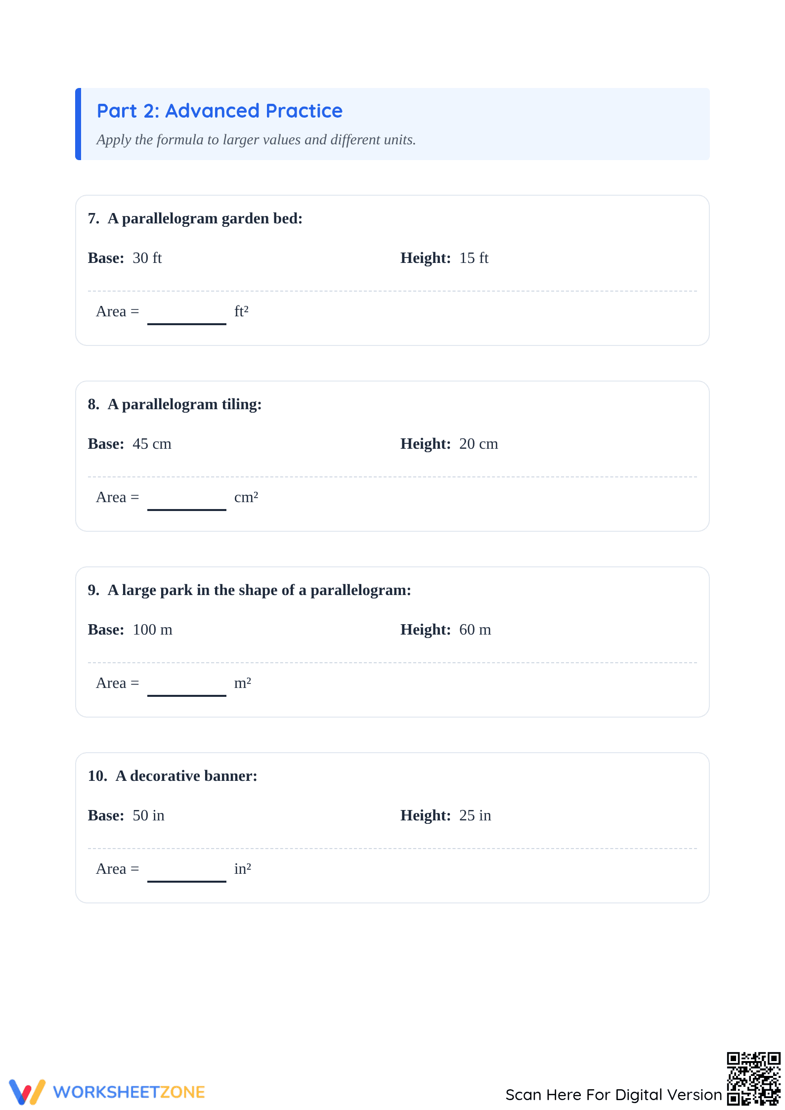 Grade 4 Area of a Parallelogram — Printable Worksheet - Page 3