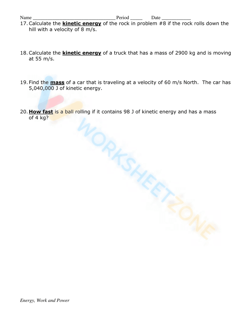 Kinetic and Potential Energy Worksheet | Grade 9 Printable - Page 2