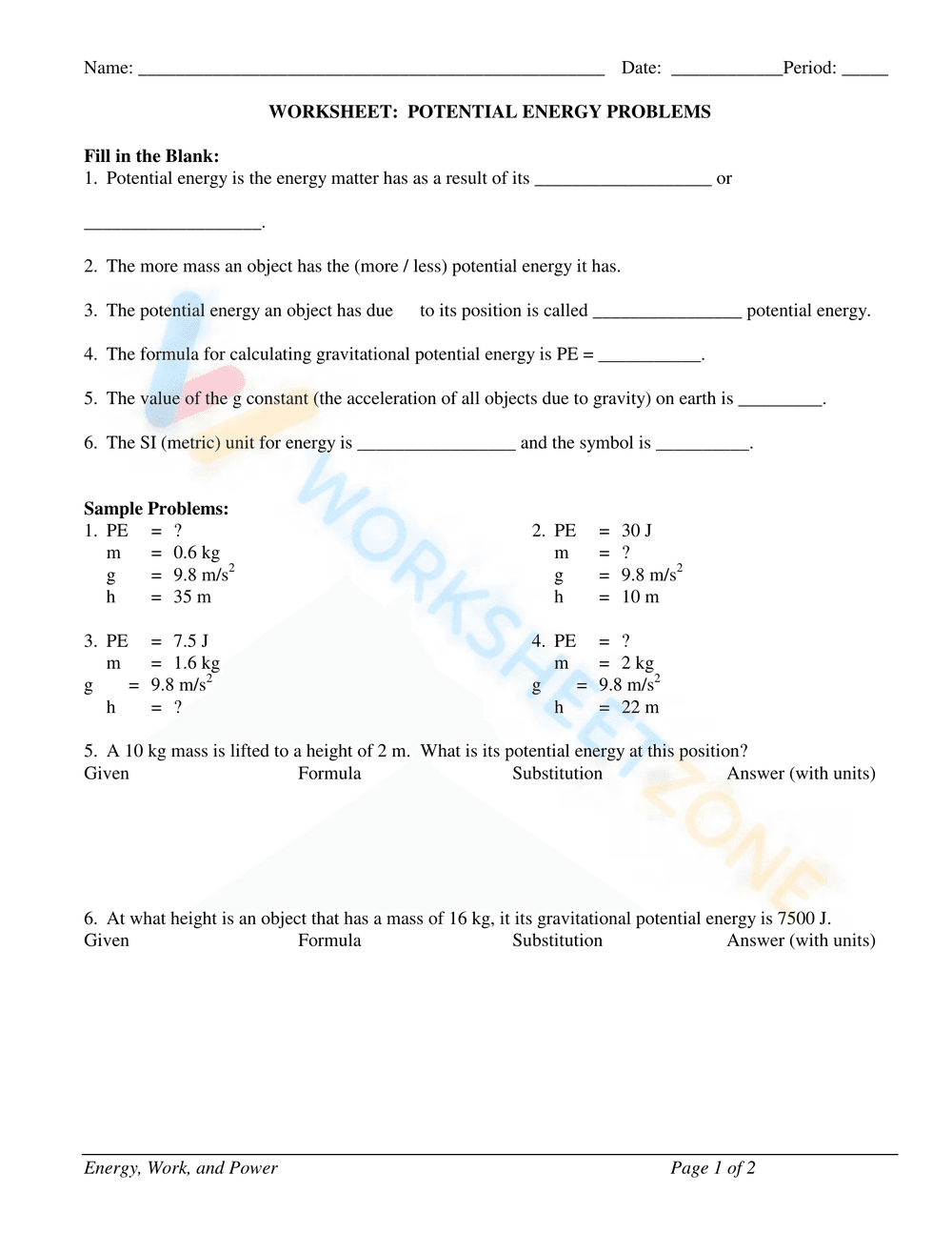 Kinetic and Potential Energy Worksheet | Grade 9 Printable - Page 3