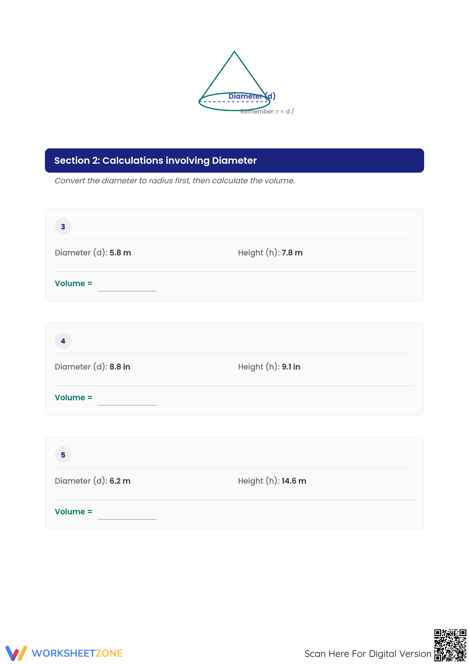 Printable Volume of Cones Worksheet | Grade 8 Math - Page 2
