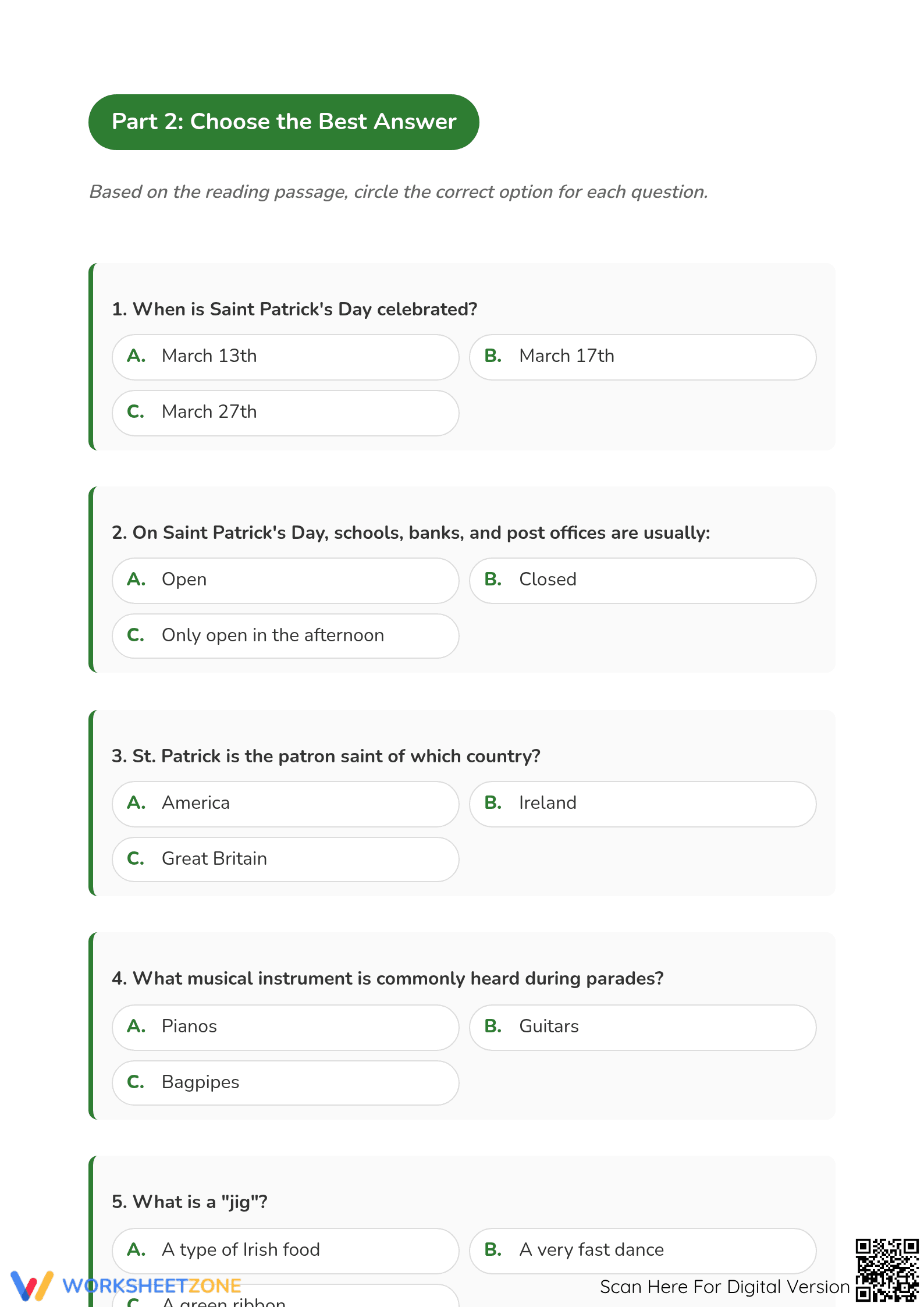 Grade 3 St. Patrick's Day Reading — Printable Worksheet - Page 3
