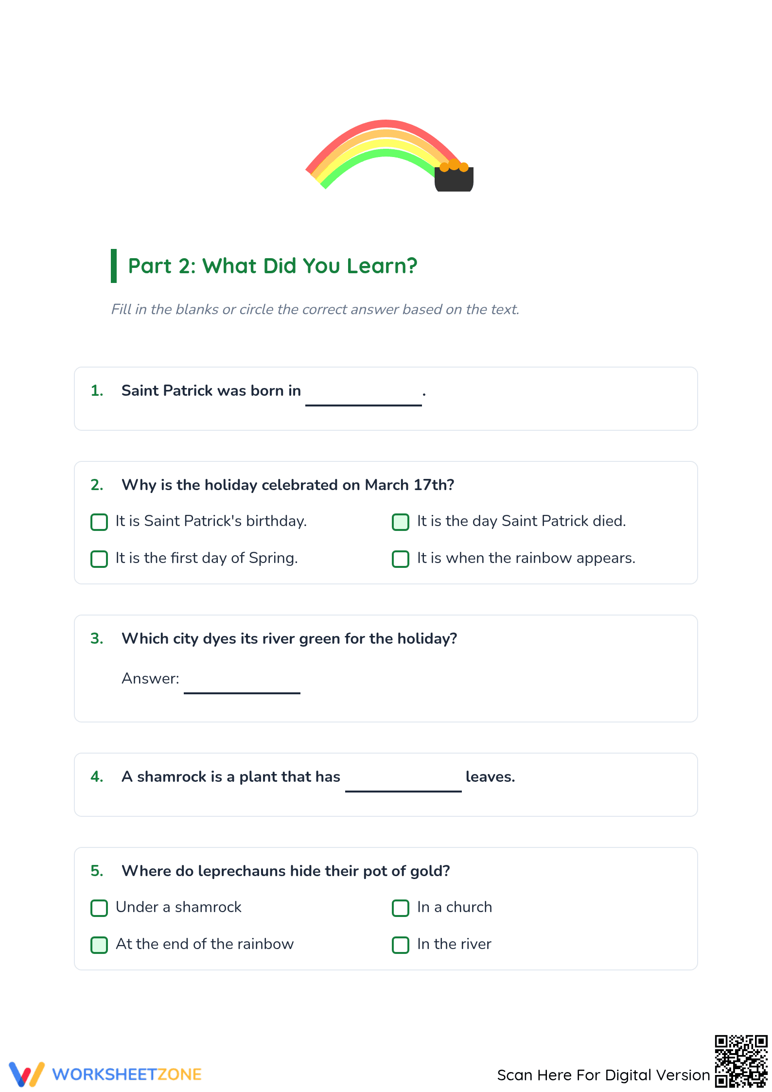 Printable St. Patrick's Day Reading Worksheet | Grade 3 - Page 2