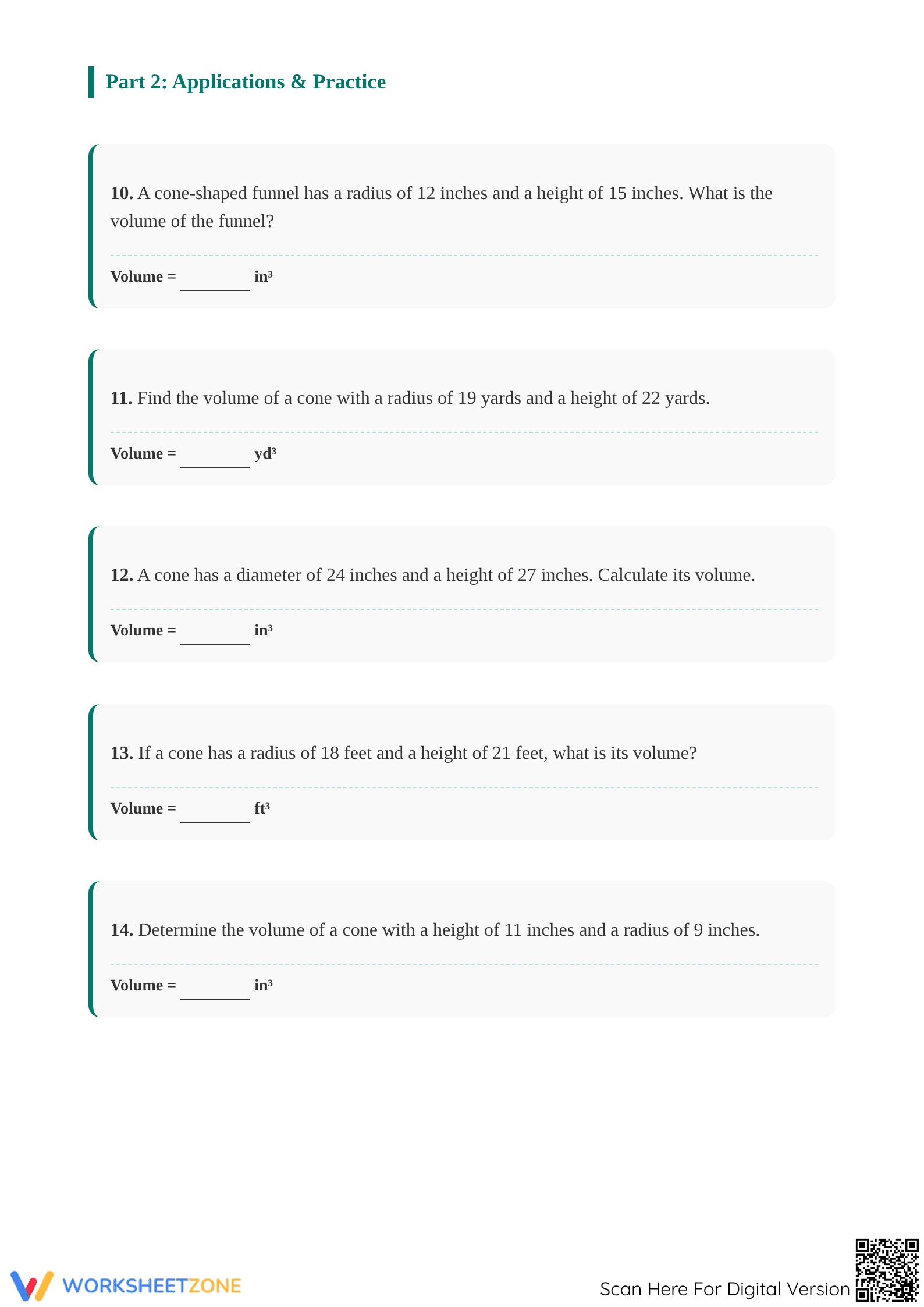 Printable Volume of Cones Worksheet | Grade 8 Math - Page 3