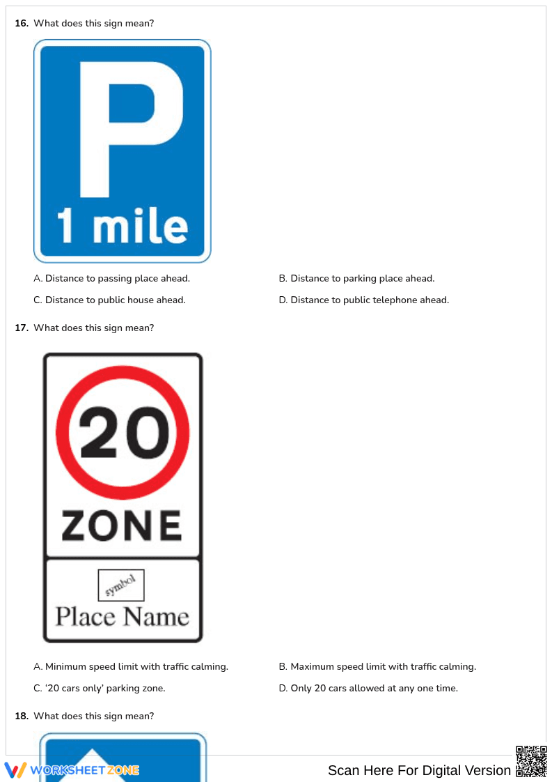 Free printable Driving Theory Highway code signs worksheet part 6 - Page 3
