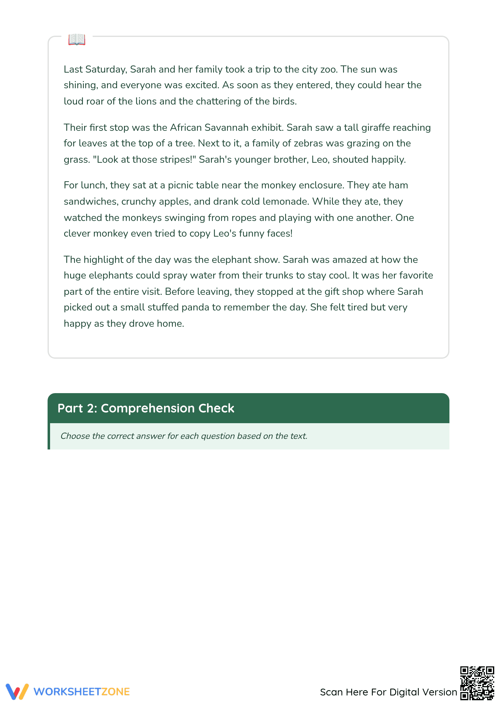 Grade 3-7 Reading: A Day at the Zoo Printable Worksheet - Page 2
