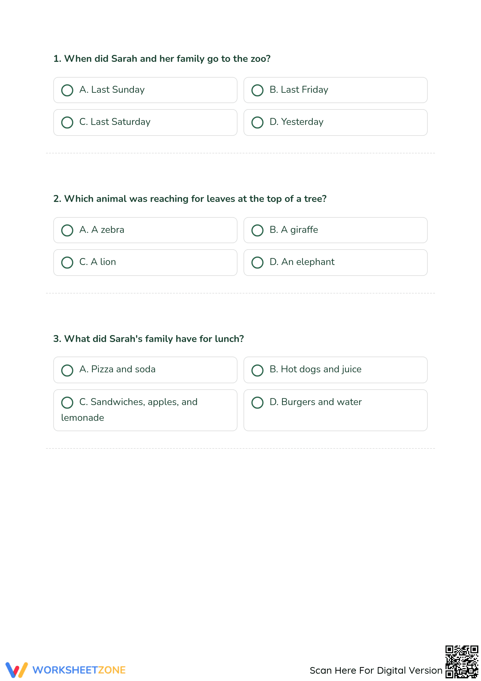 Grade 3-7 Reading: A Day at the Zoo Printable Worksheet - Page 3