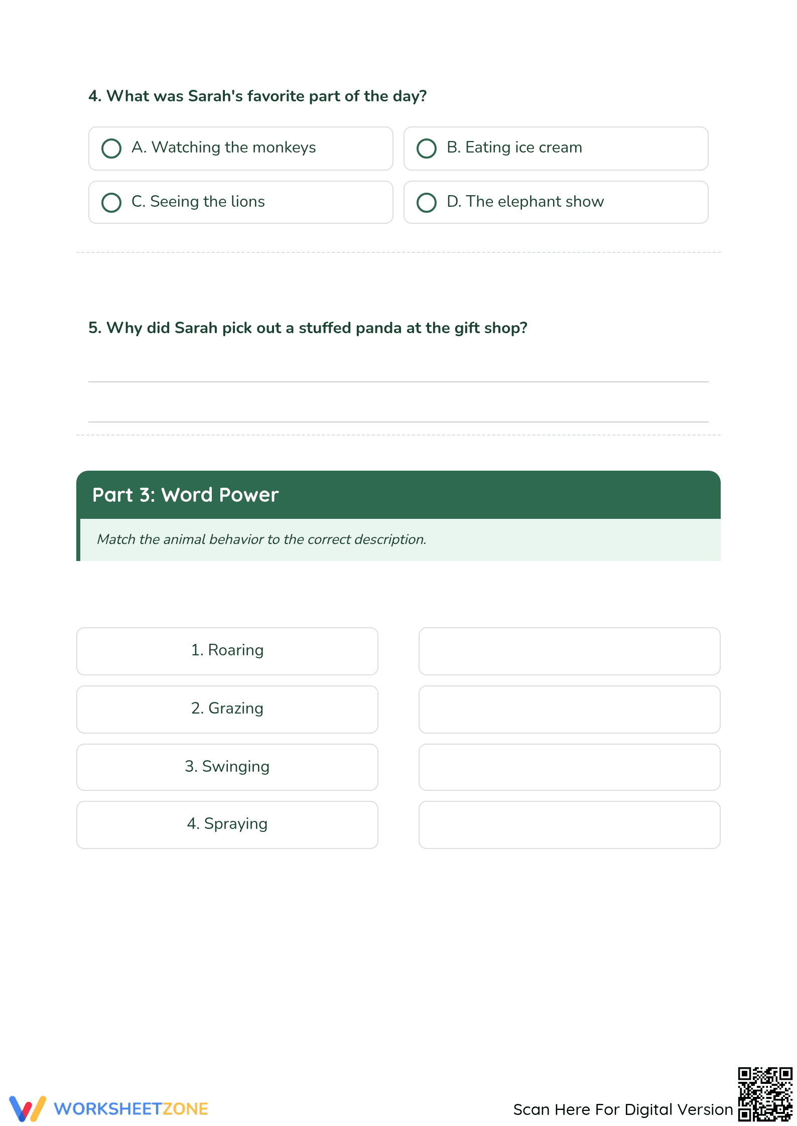 Grade 3-7 Reading: A Day at the Zoo Printable Worksheet - Page 4