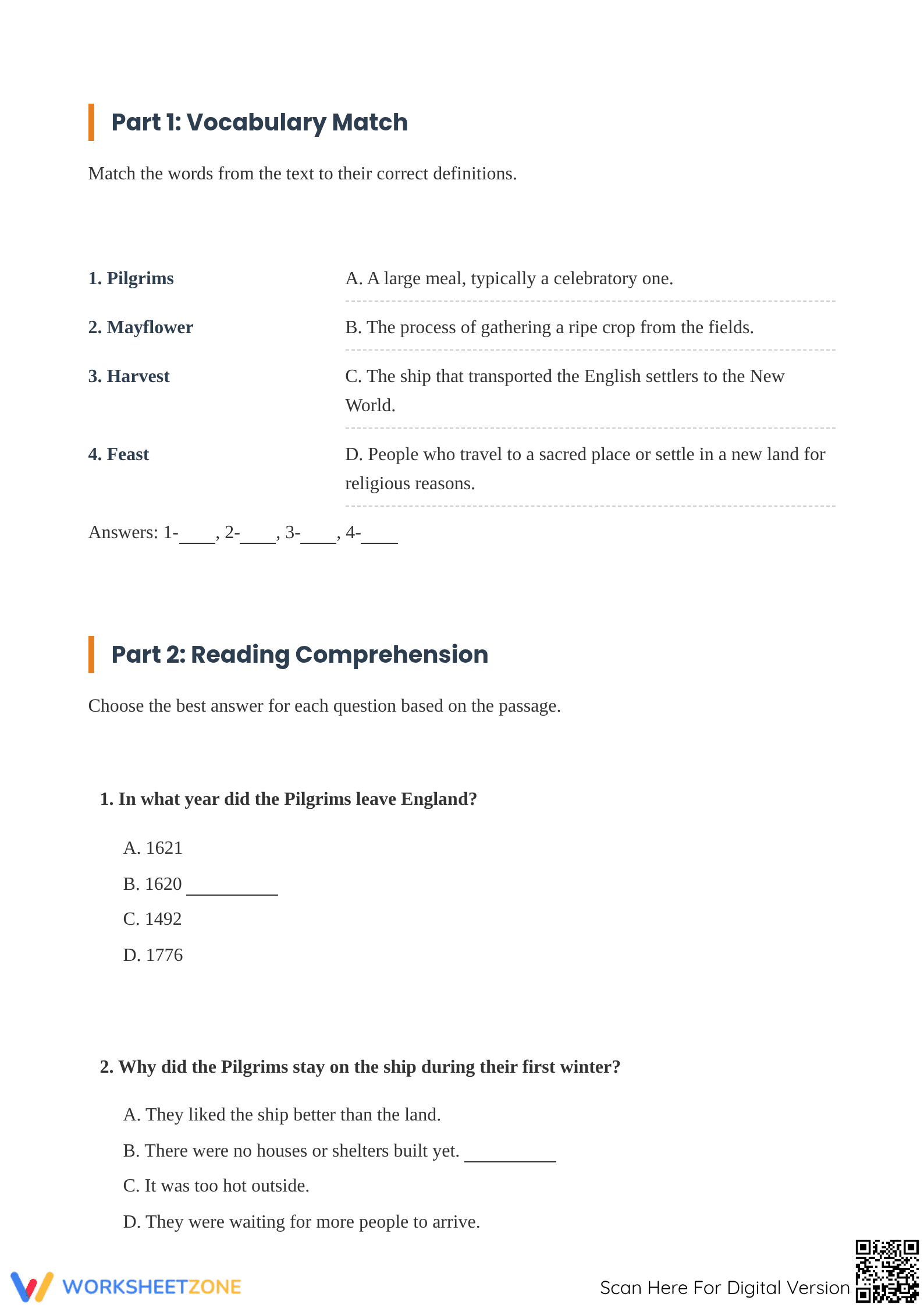 Printable Thanksgiving Reading Worksheet | Grade 5 - Page 2