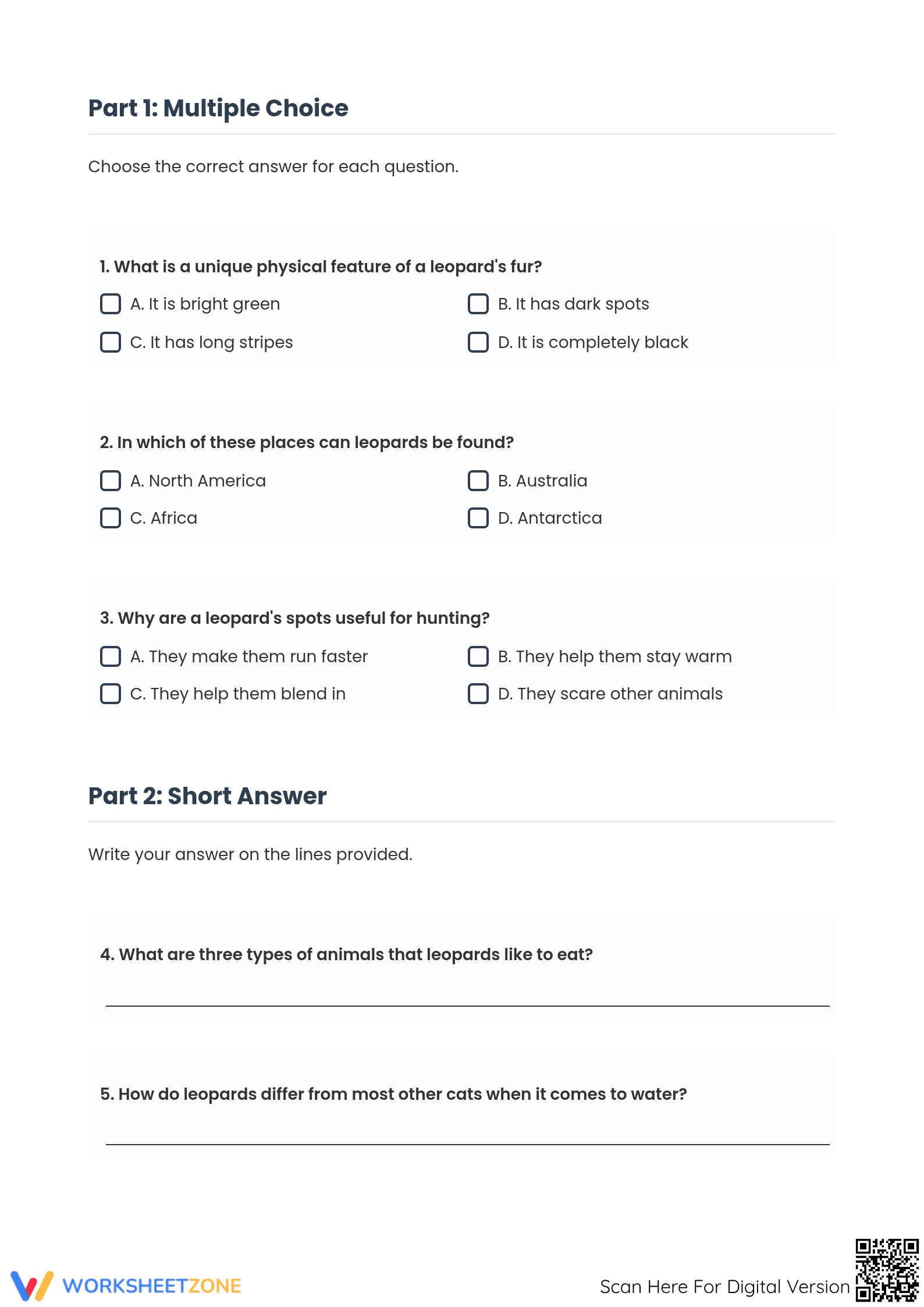 Grade 4 Leopard Facts — Printable No-Prep Worksheet - Page 2