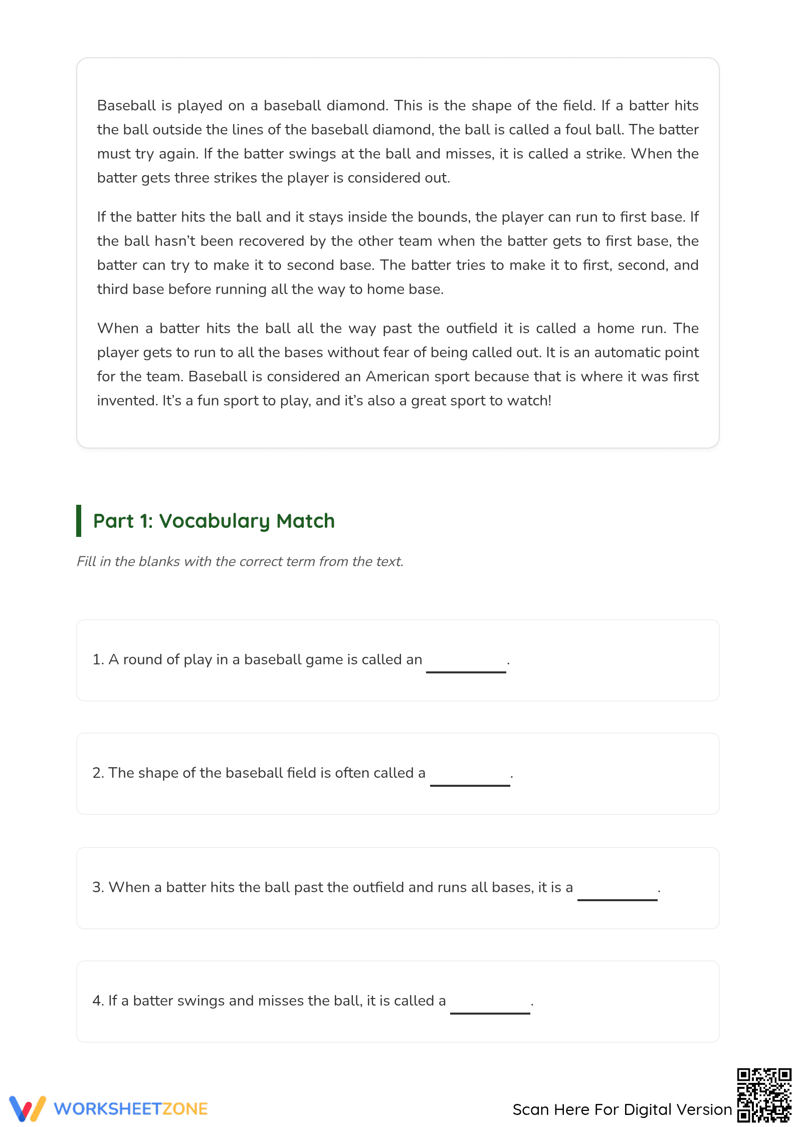 Grade 4 Baseball Reading — Printable No-Prep Worksheet - Page 2