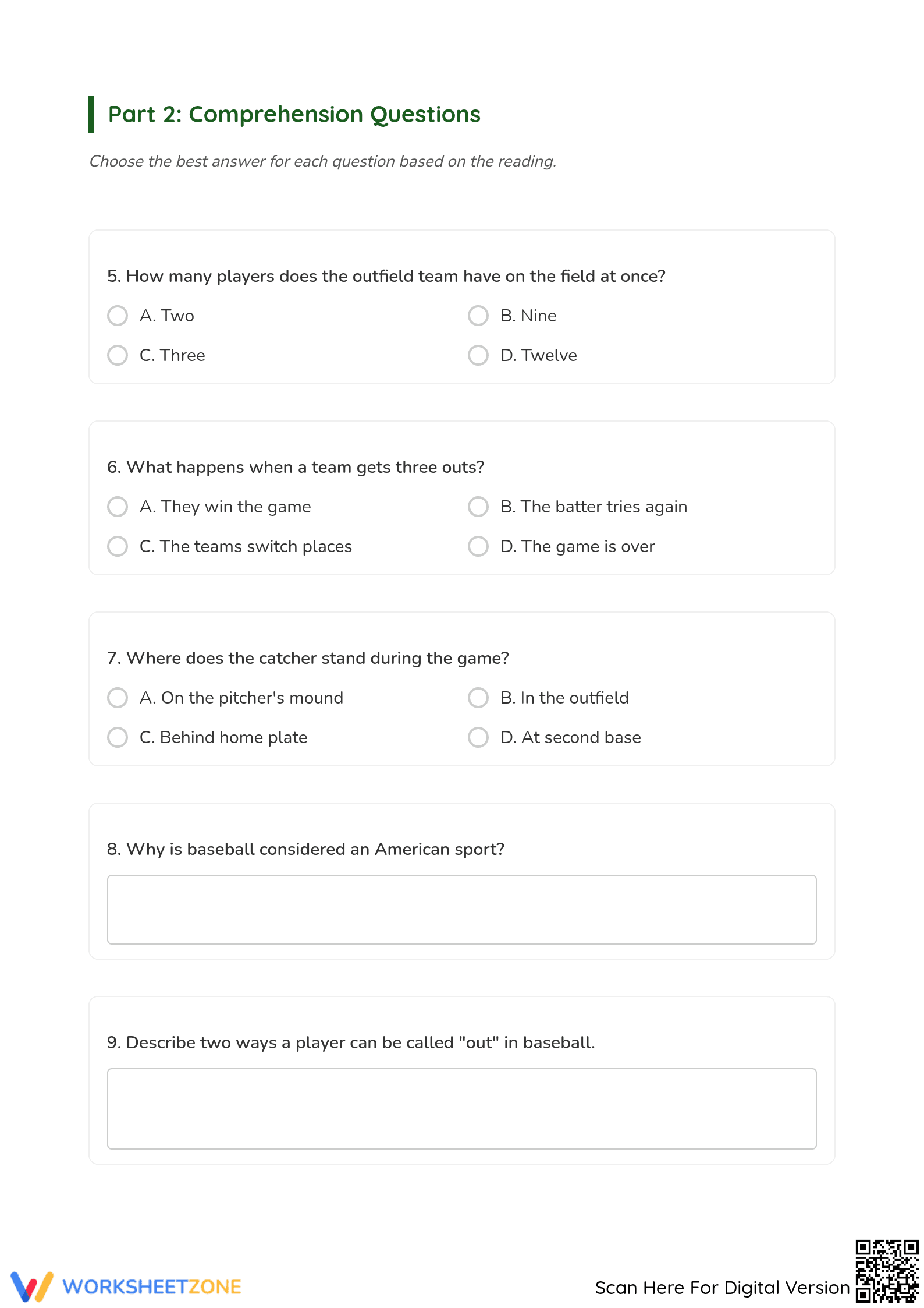 Grade 4 Baseball Reading — Printable No-Prep Worksheet - Page 3