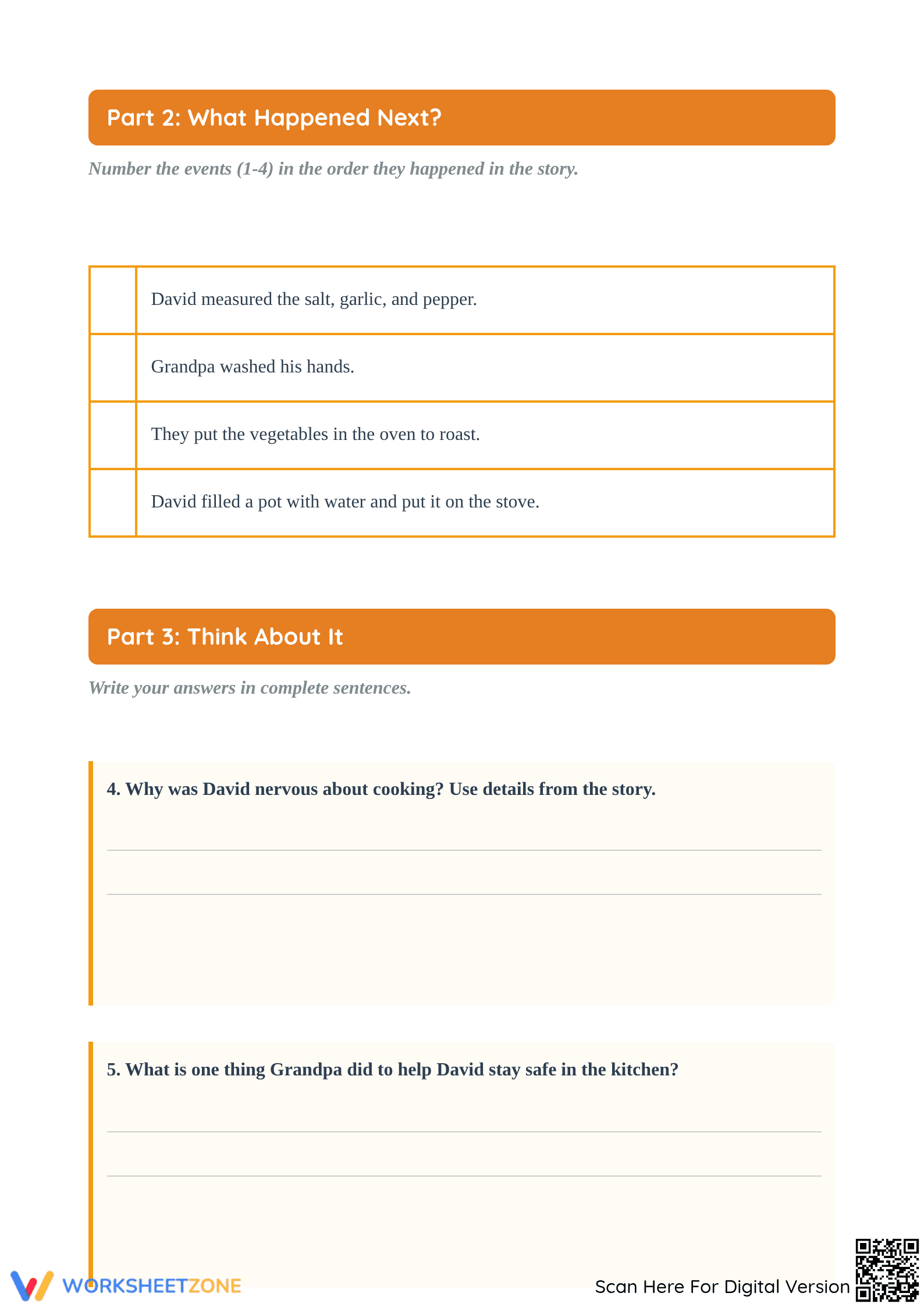 Grade 3 Reading Comprehension: Cooking | Essential Worksheet - Page 3