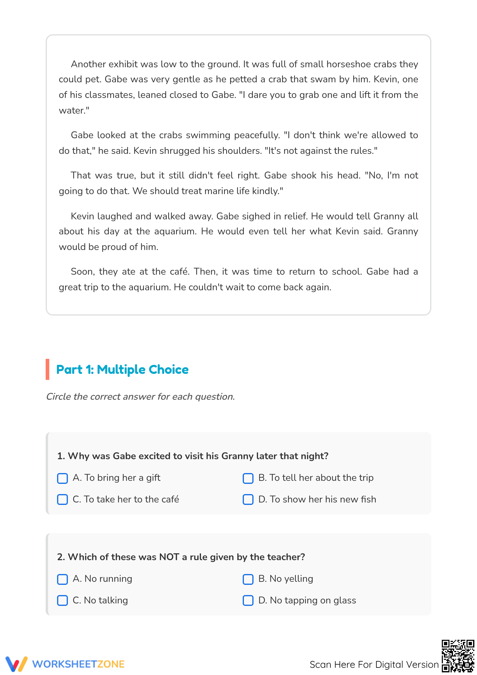 Printable Grade 3 Reading Comprehension: Aquarium Trip - Page 2