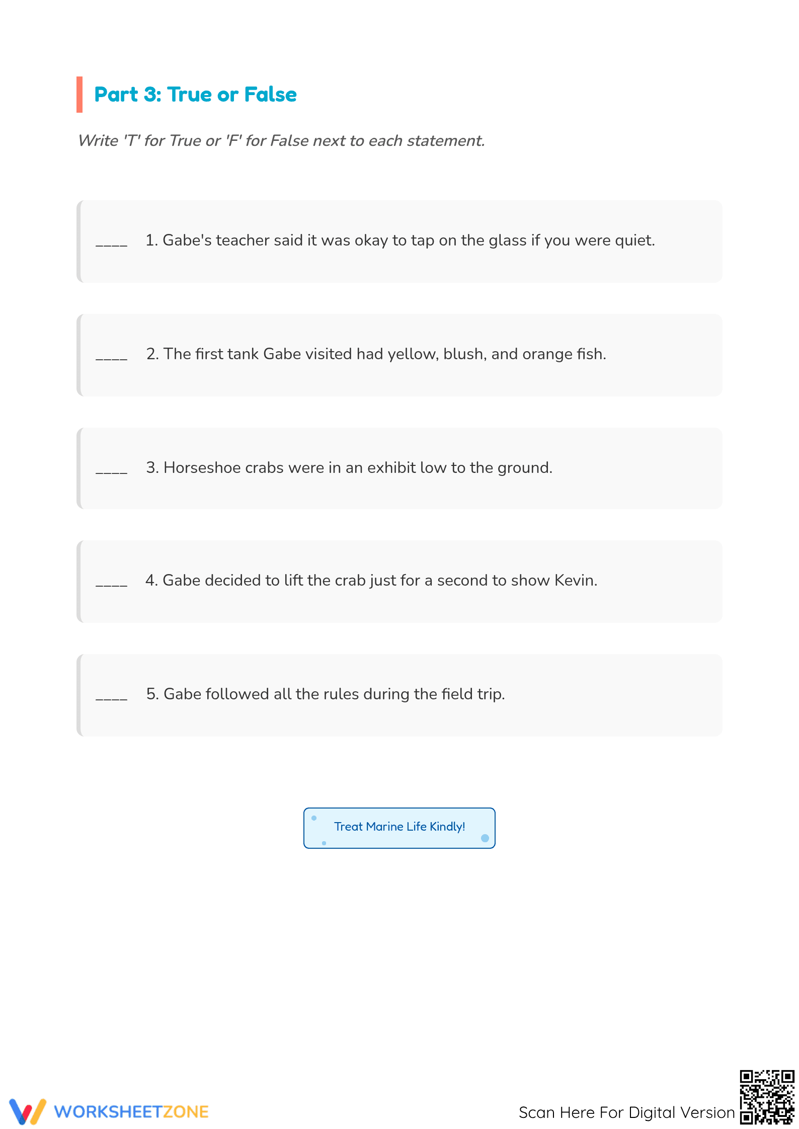 Printable Grade 3 Reading Comprehension: Aquarium Trip - Page 4