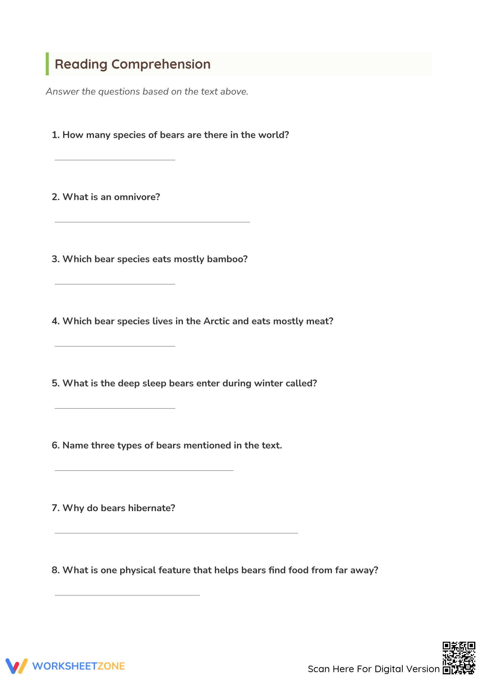 Bears Reading Comprehension | Grade 3 Printable Worksheet - Page 2