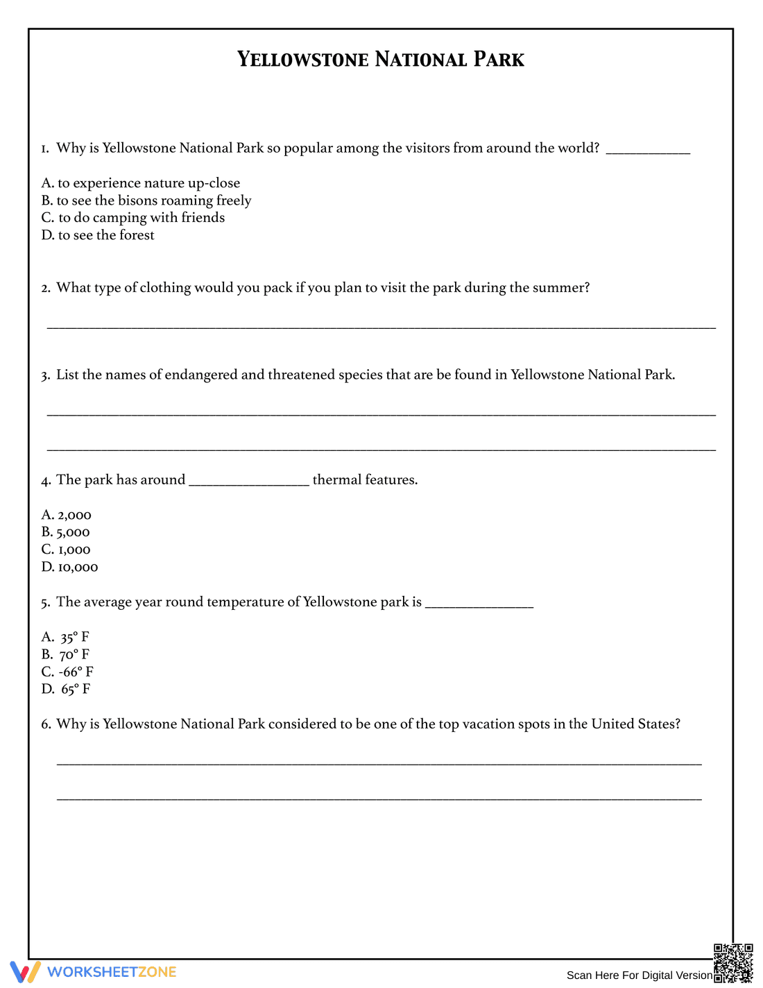 Grade 5 Yellowstone Park — Printable No-Prep Worksheet - Page 2