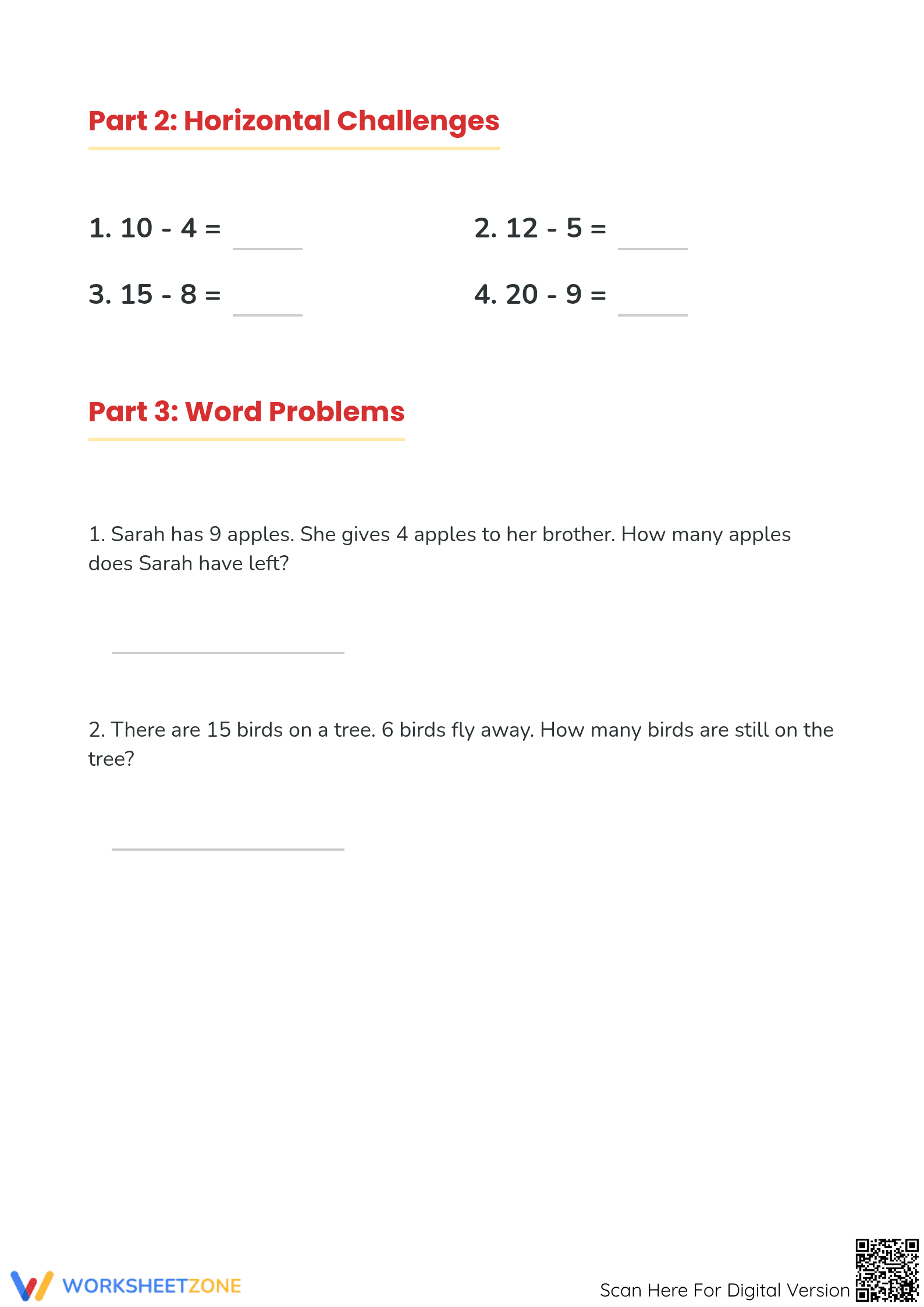 Printable Math Drills: Subtraction Worksheet | Grade 1 - Page 3