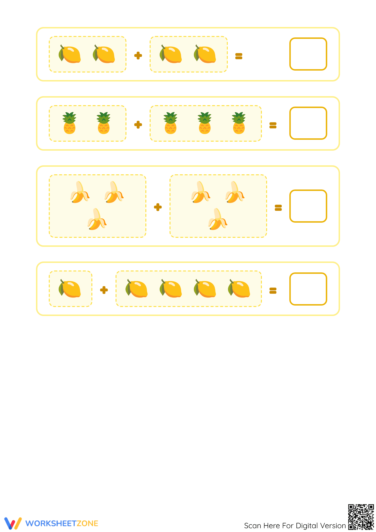 Grade K Yellow Fruit Addition — Printable No-Prep Worksheet - Page 2