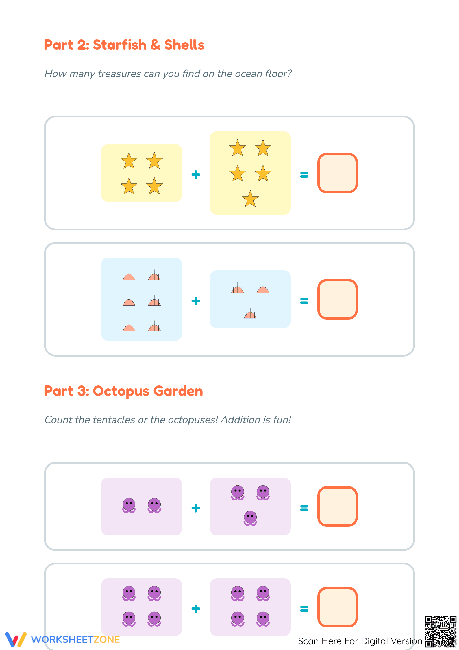 Printable Kindergarten Aquatic Addition Math Worksheet - Page 2