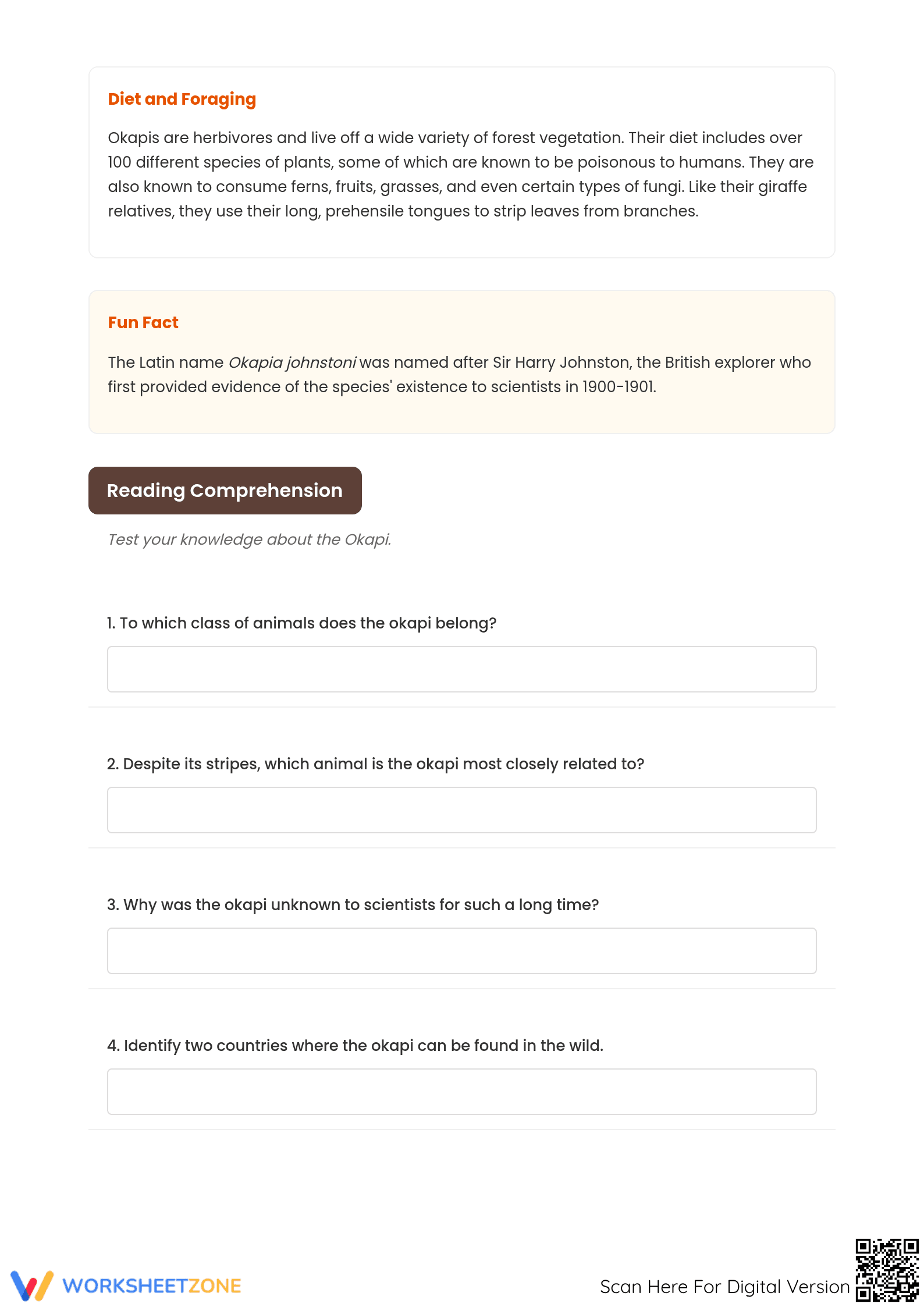Printable Okapi Reading Worksheet | Grade 7 ELA - Page 2