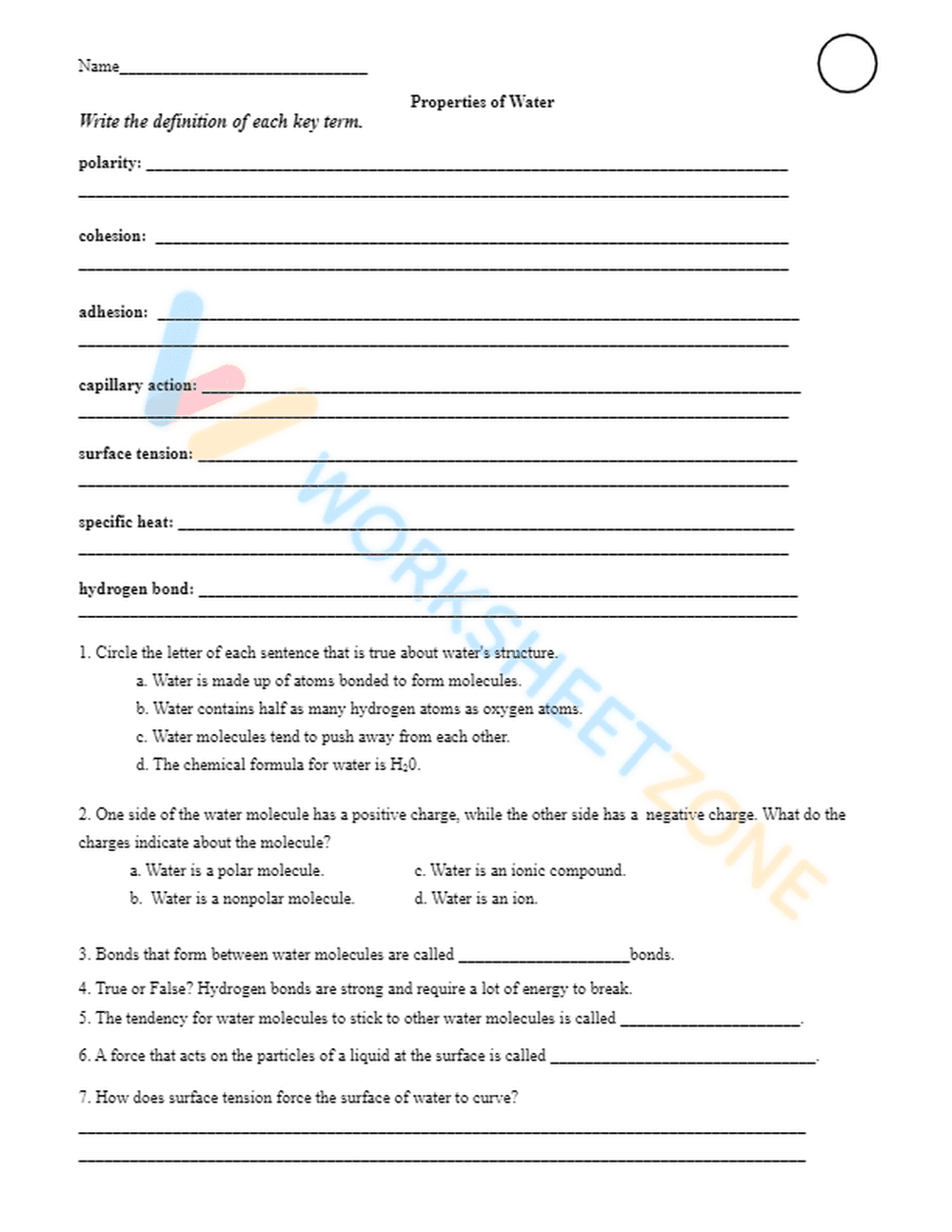Properties of Water Worksheet | Essential Grade 7-12 Science - Page 2