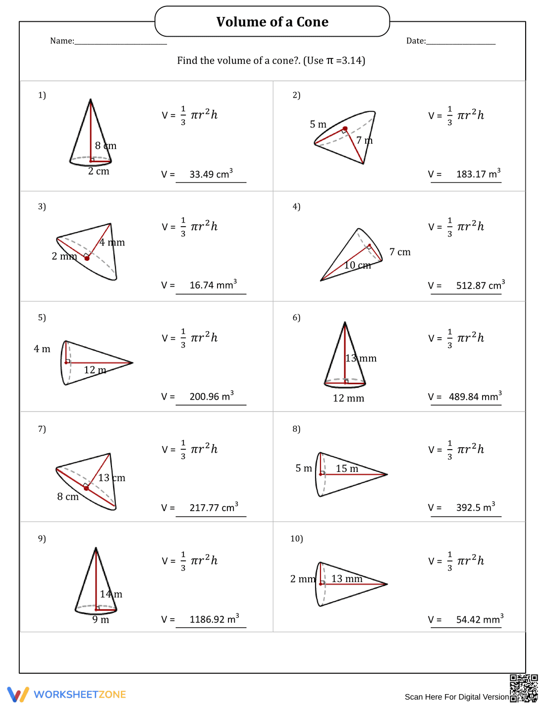 Calculating Volume of Cones Worksheet - Page 2