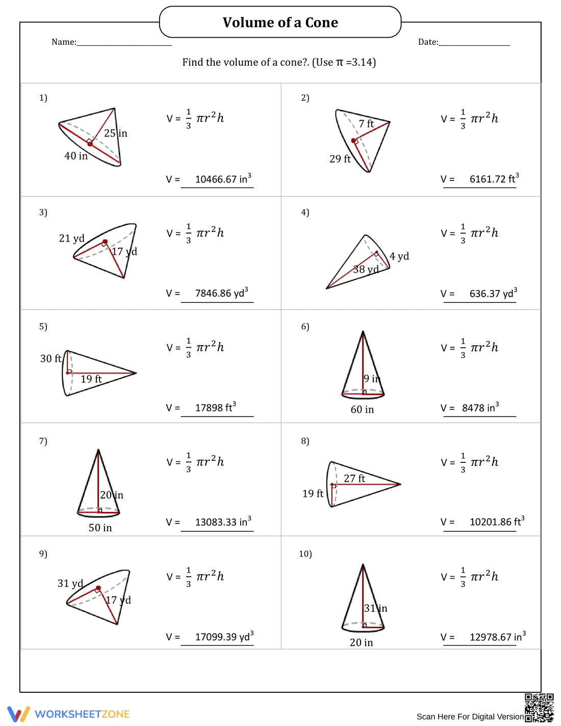 Volume of a Cone Worksheet - Page 2