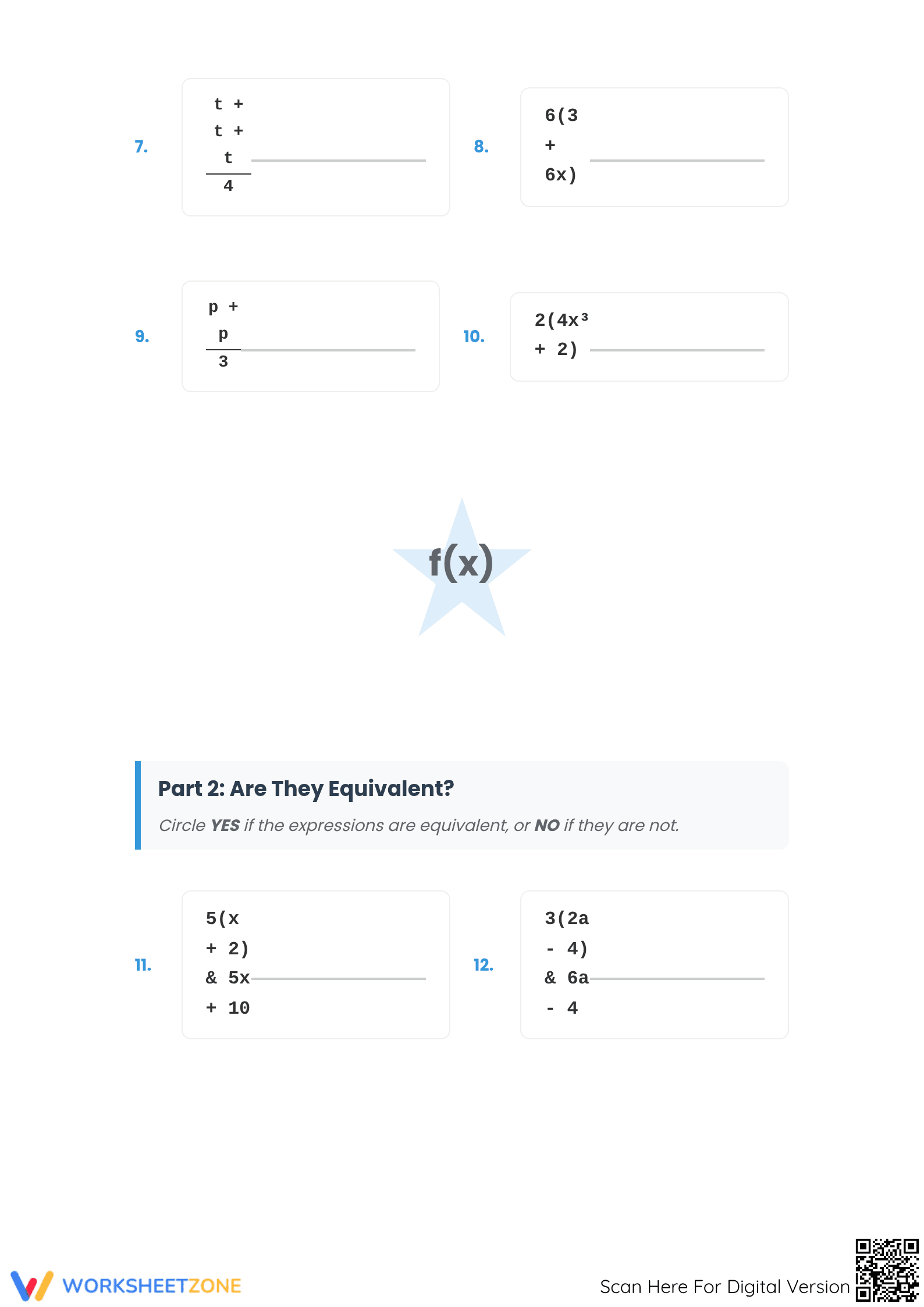 Printable Equivalent Expressions Worksheet | Grade 8-10 Math - Page 2