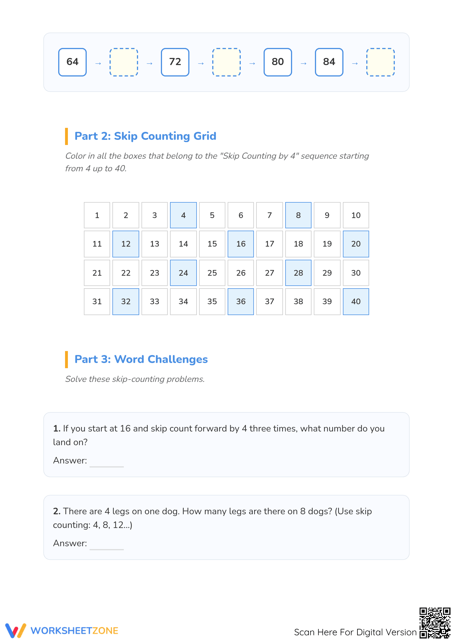 Essential Skip Counting by 4 Worksheet | Grade 3 Math - Page 2