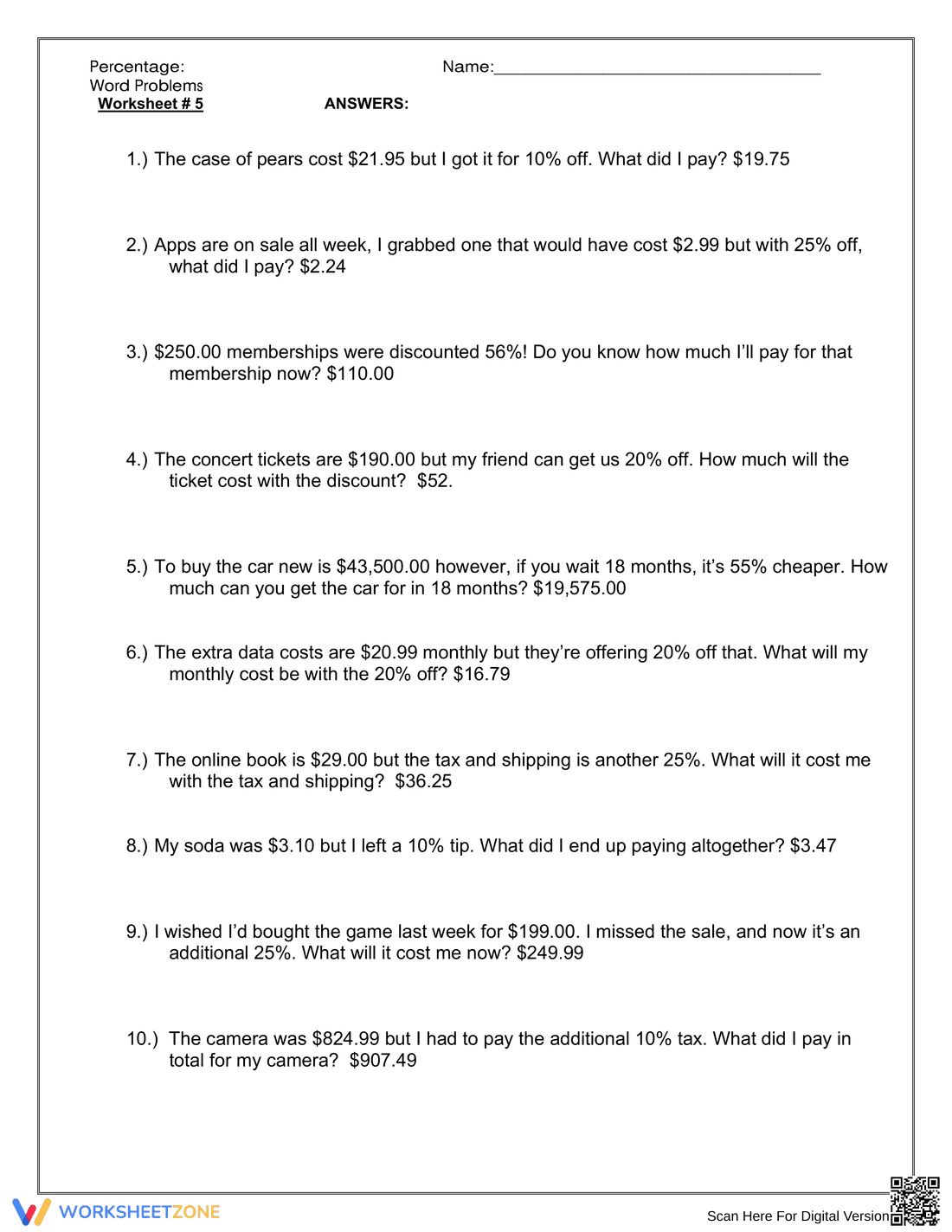 Percent Word Problems Worksheet - Page 2