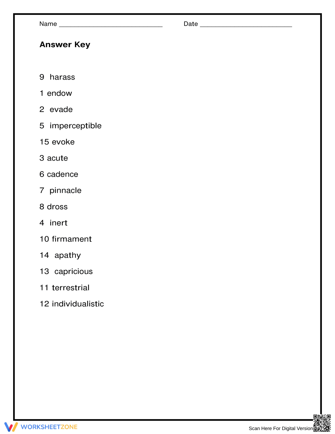 Printable Vocabulary Matching Worksheet | Grades 6-9 - Page 2