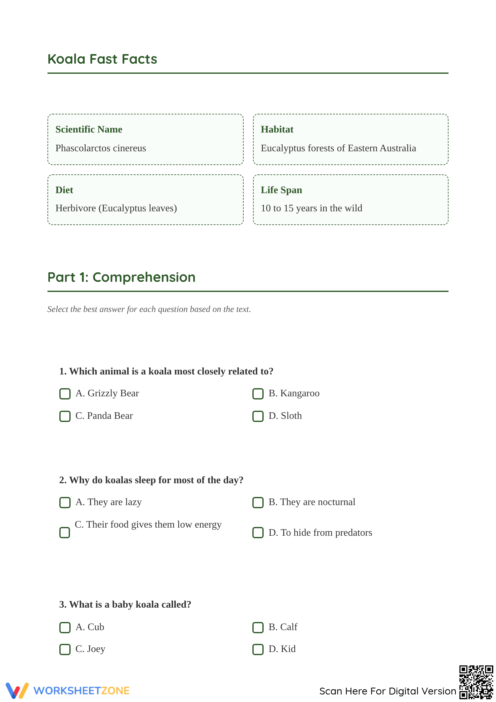 Printable Koala Reading Comprehension | Grade 4-5 ELA - Page 2
