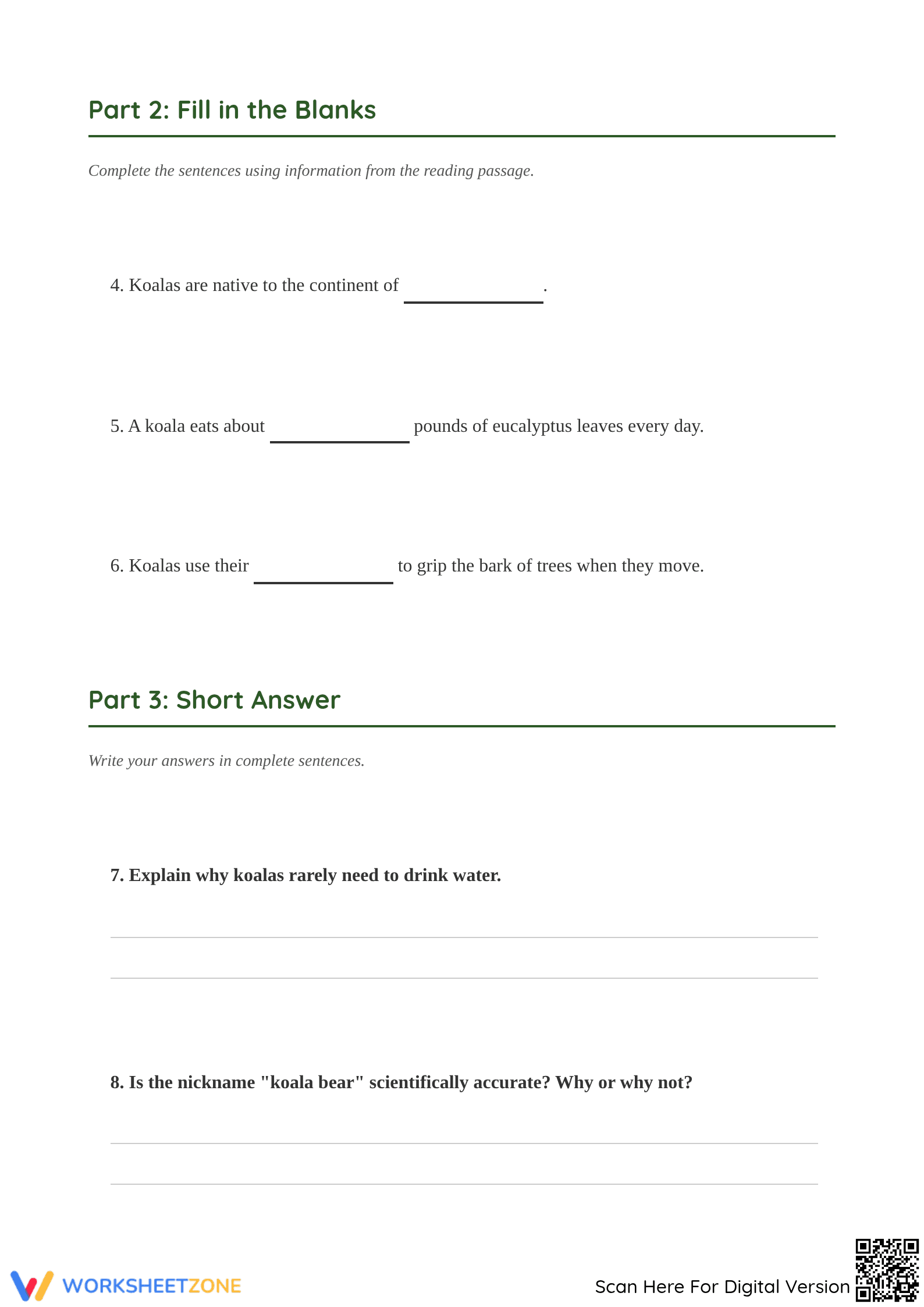 Printable Koala Reading Comprehension | Grade 4-5 ELA - Page 3