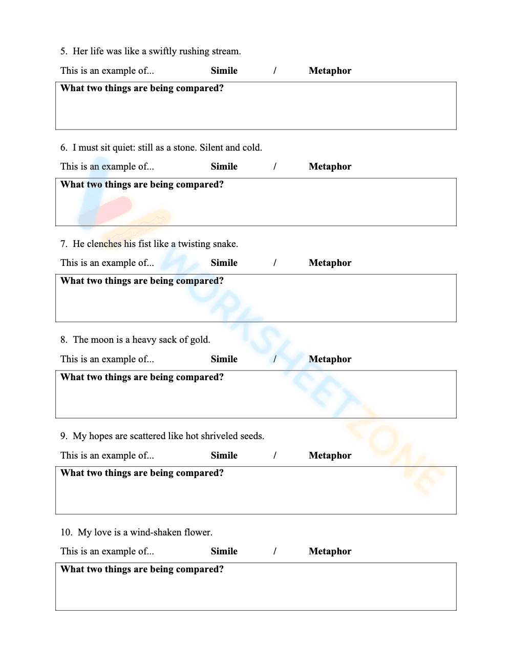Practice Similes and Metaphors: Worksheet 2 - Page 2