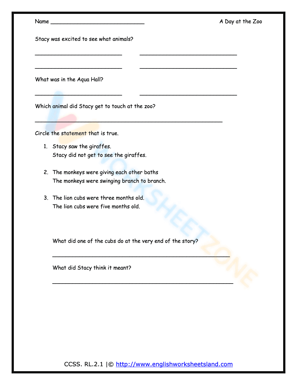 A Day at the Zoo Reading Comprehension Worksheet - Page 2