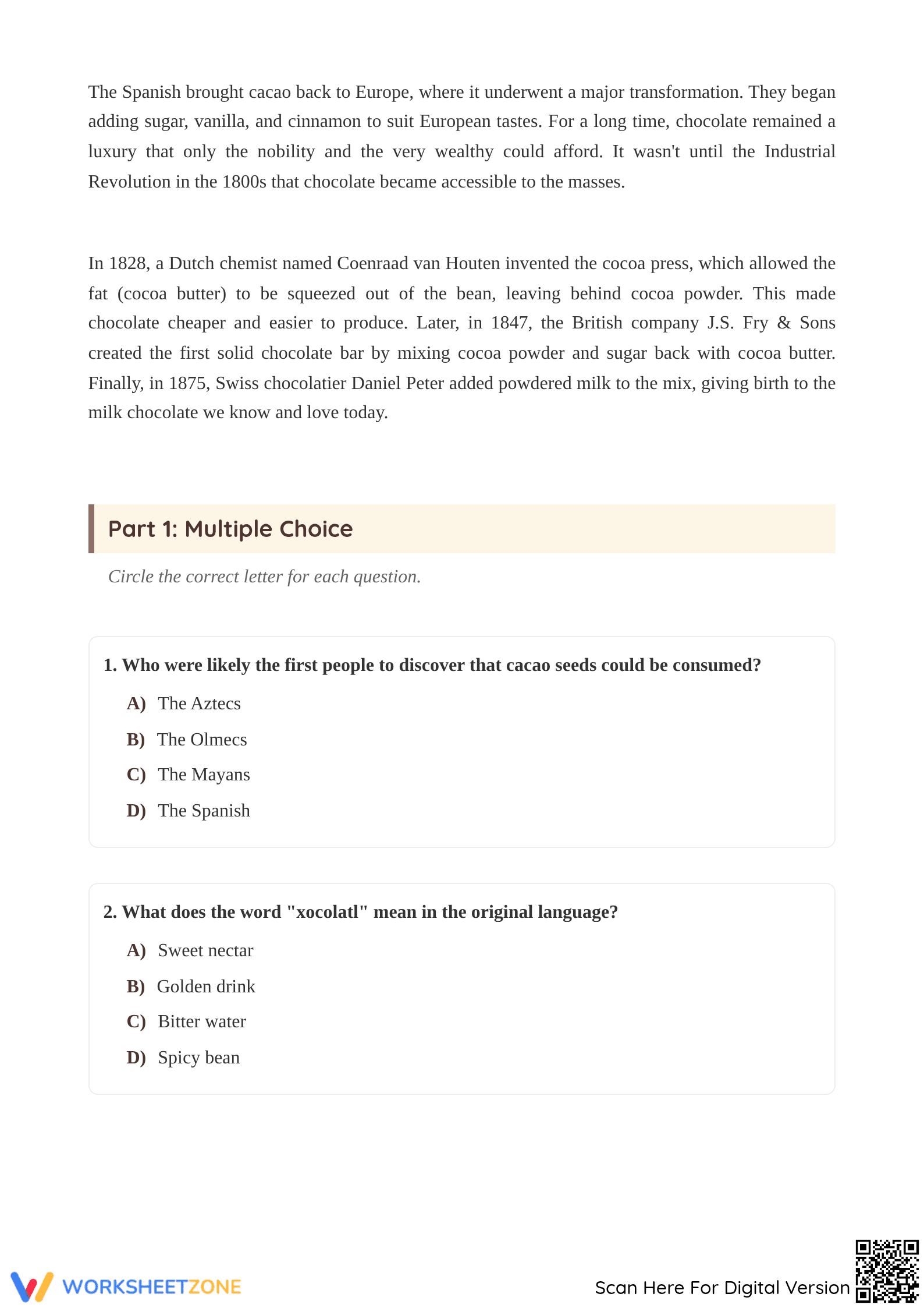 Grade 6 Chocolate History — Printable No-Prep Worksheet - Page 2