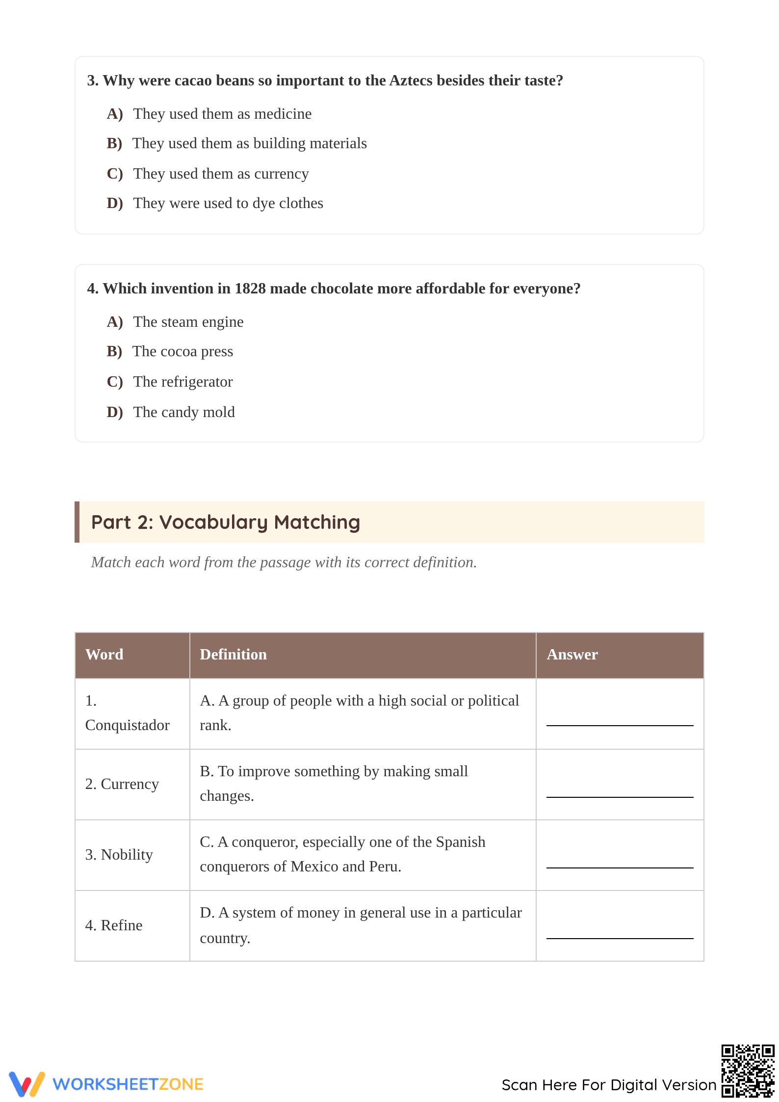 Grade 6 Chocolate History — Printable No-Prep Worksheet - Page 3