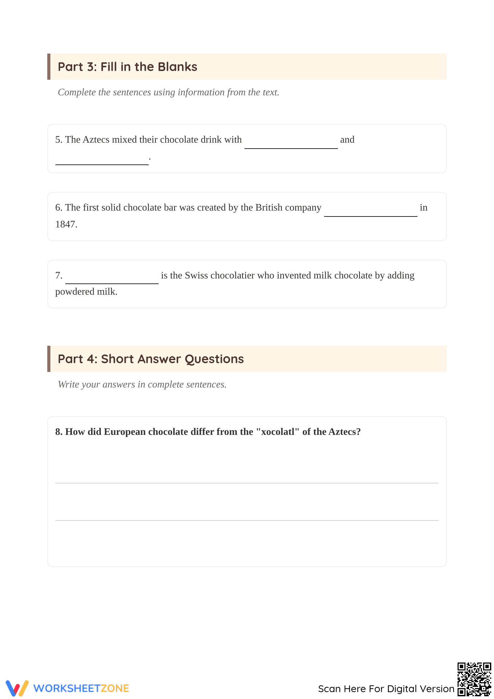 Grade 6 Chocolate History — Printable No-Prep Worksheet - Page 4