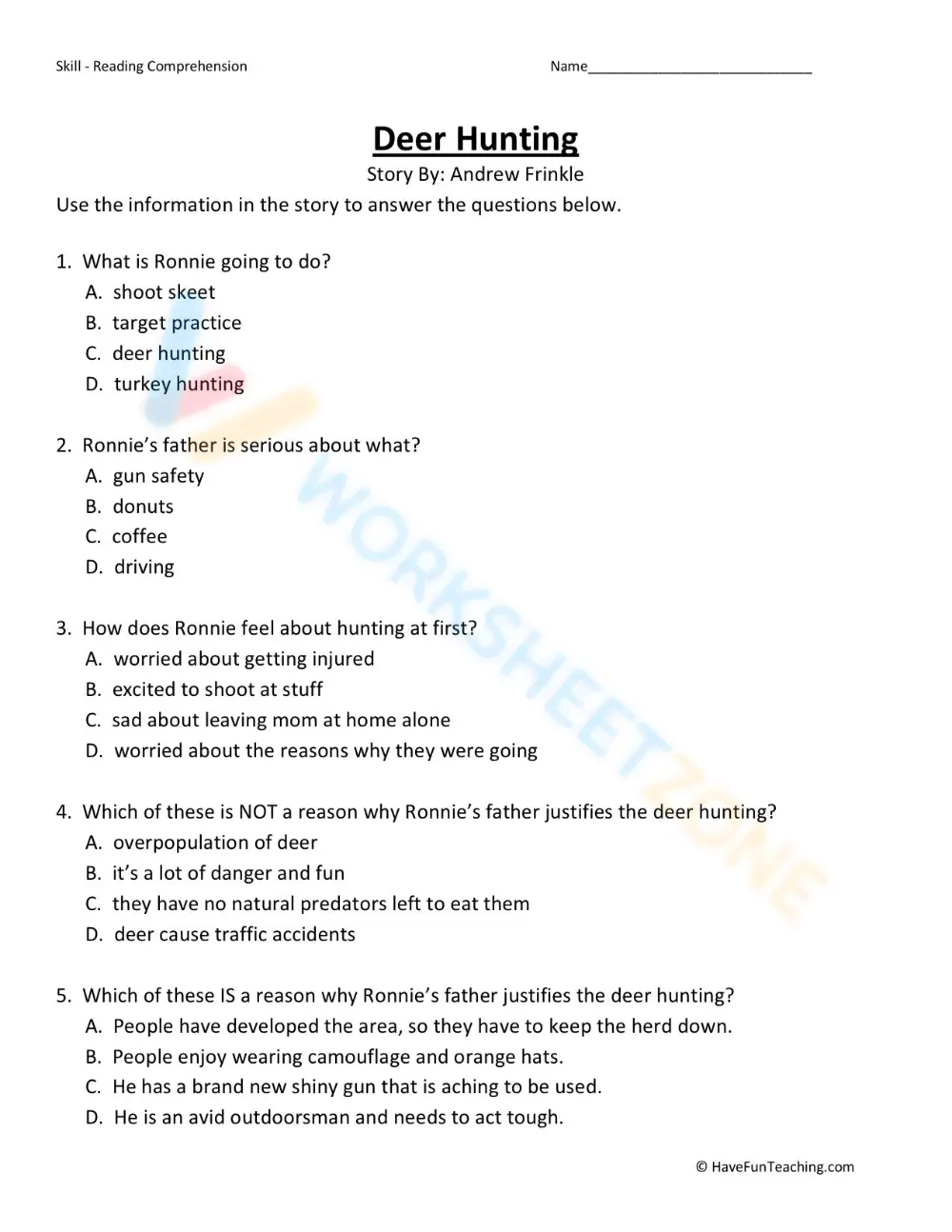 7th Grade Reading | Printable Deer Hunting Story - Page 2