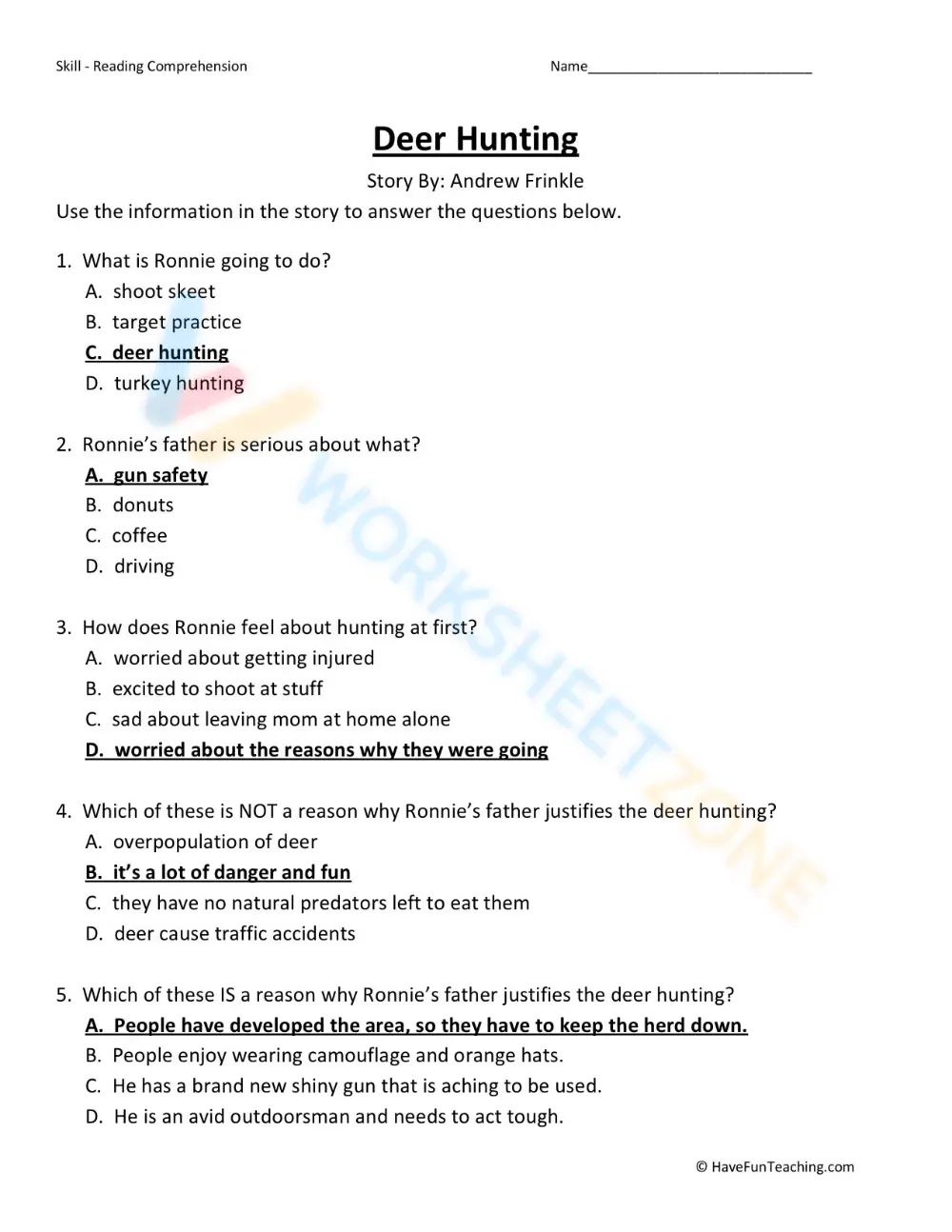 7th Grade Reading | Printable Deer Hunting Story - Page 3