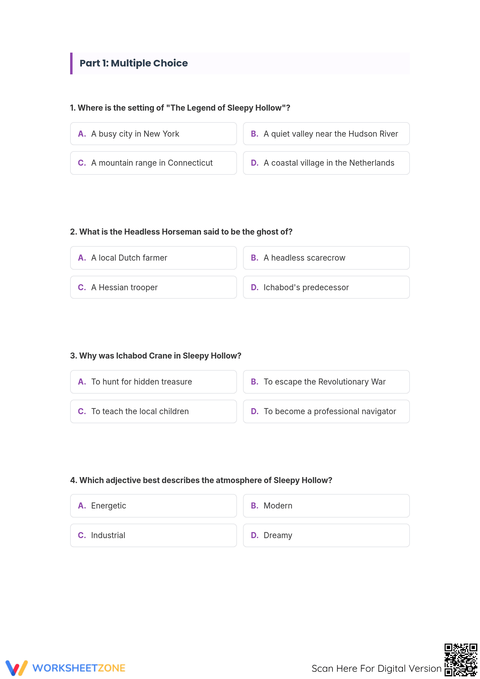 Essential Sleepy Hollow Reading Worksheet | Grade 7 ELA - Page 3