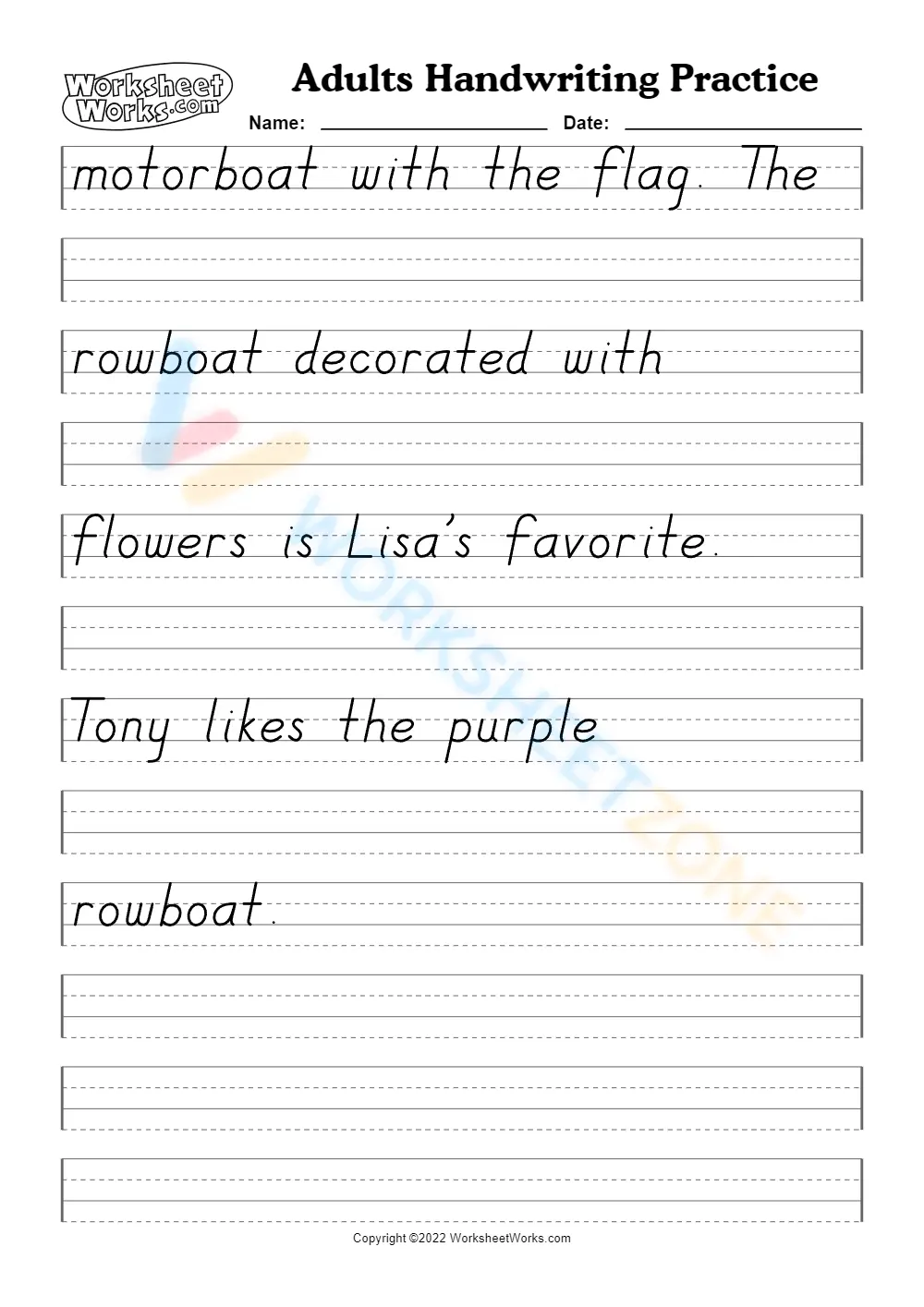 handwriting practice worksheet for adults - The boats - Page 2