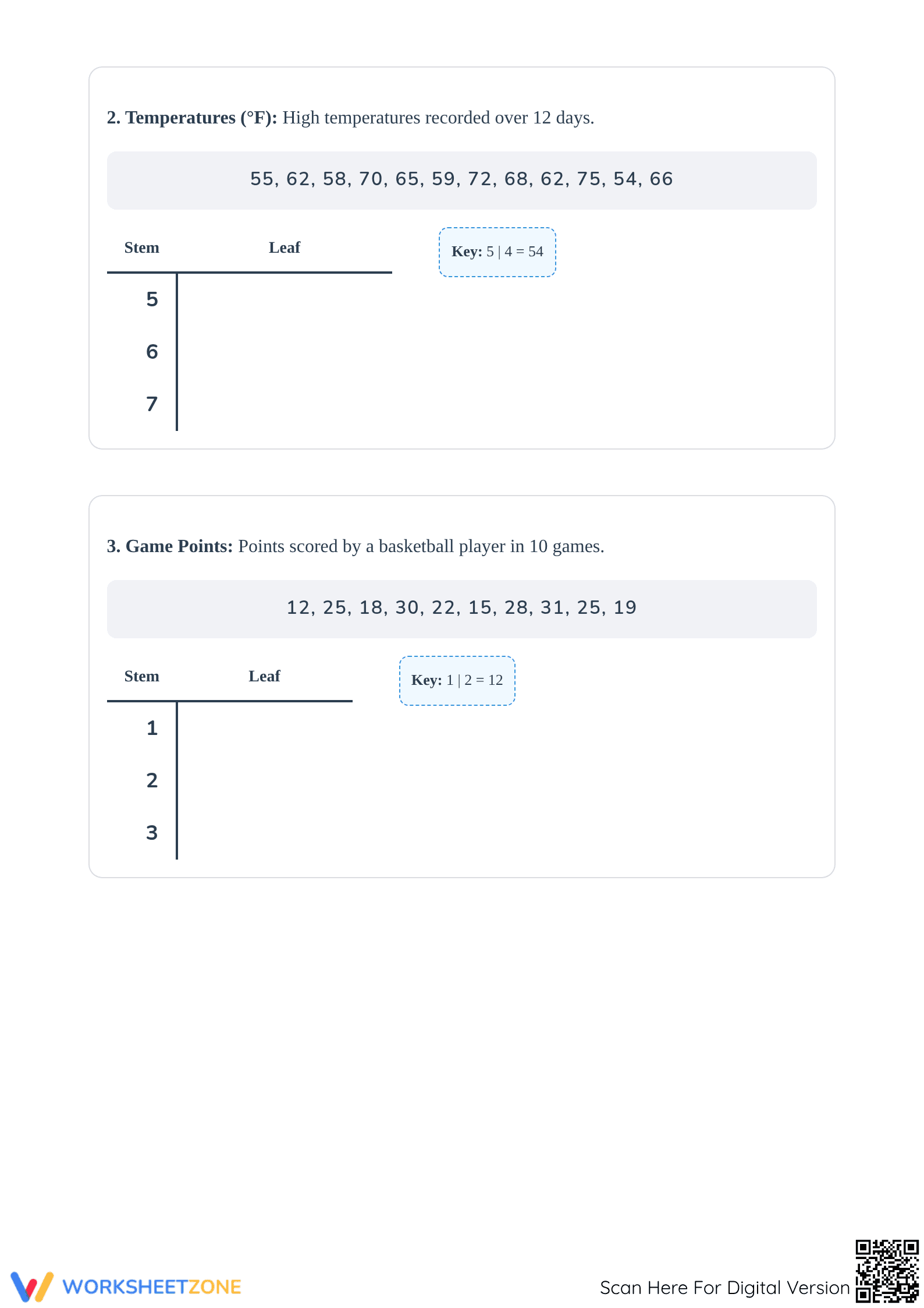Printable Stem and Leaf Plots Worksheet | Grade 6 Math - Page 2