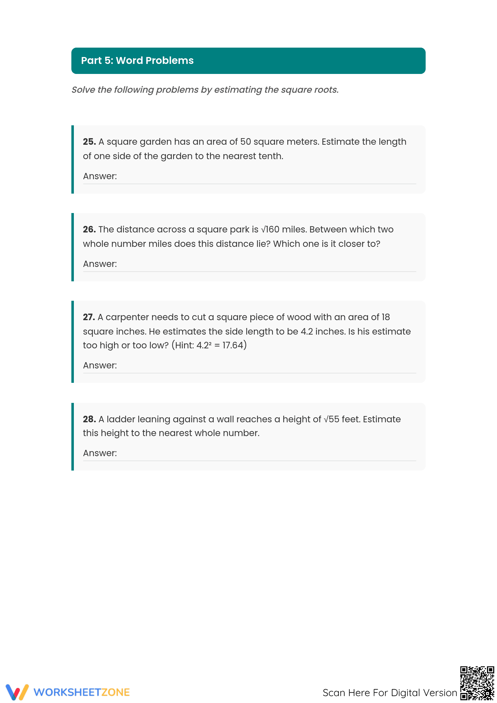 Printable Estimating Square Roots Worksheet | Grade 6-7 Math - Page 4