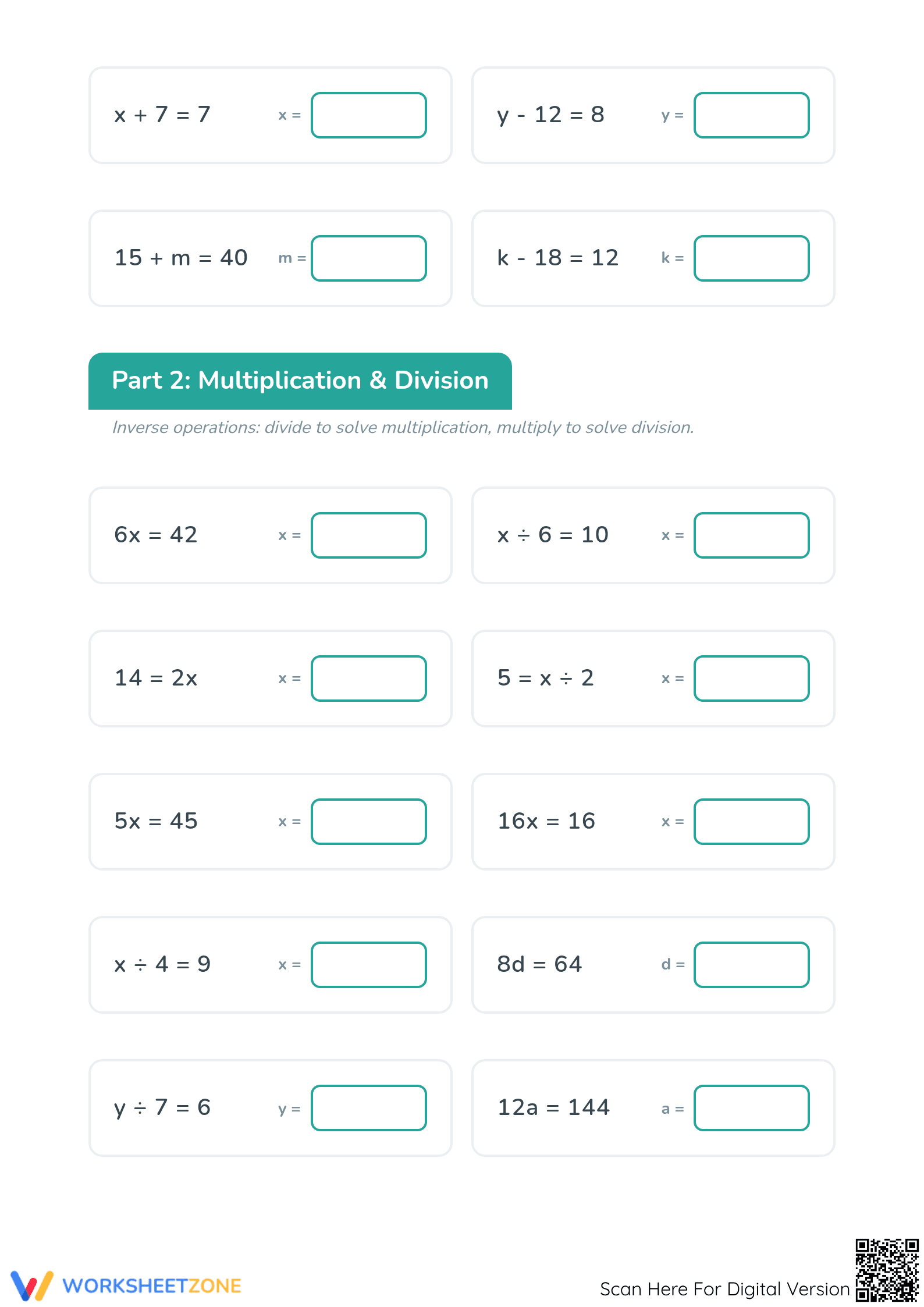 Printable One-Step Equations Worksheet | Grade 6 Math - Page 2